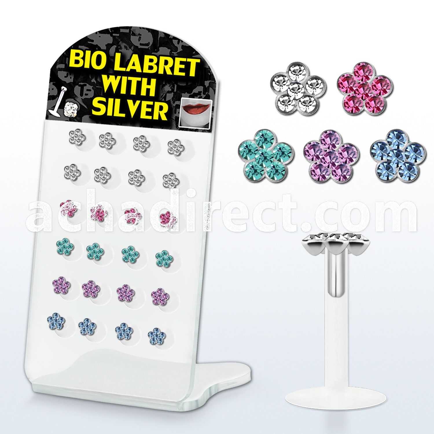 brlbi8 display of bioflex labret with silver flower design top