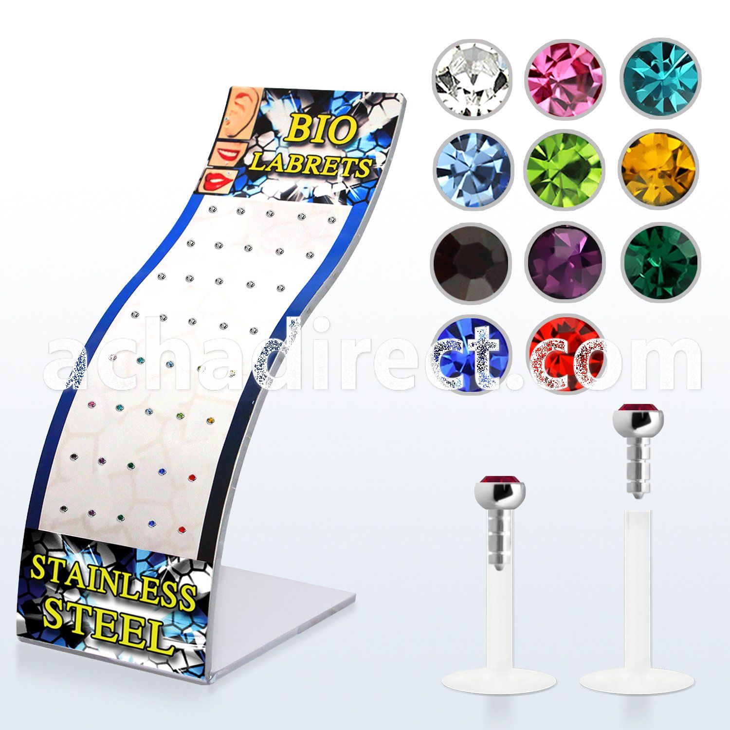 brlbij bioflex labret w push in 2 5mm flat crystal heads