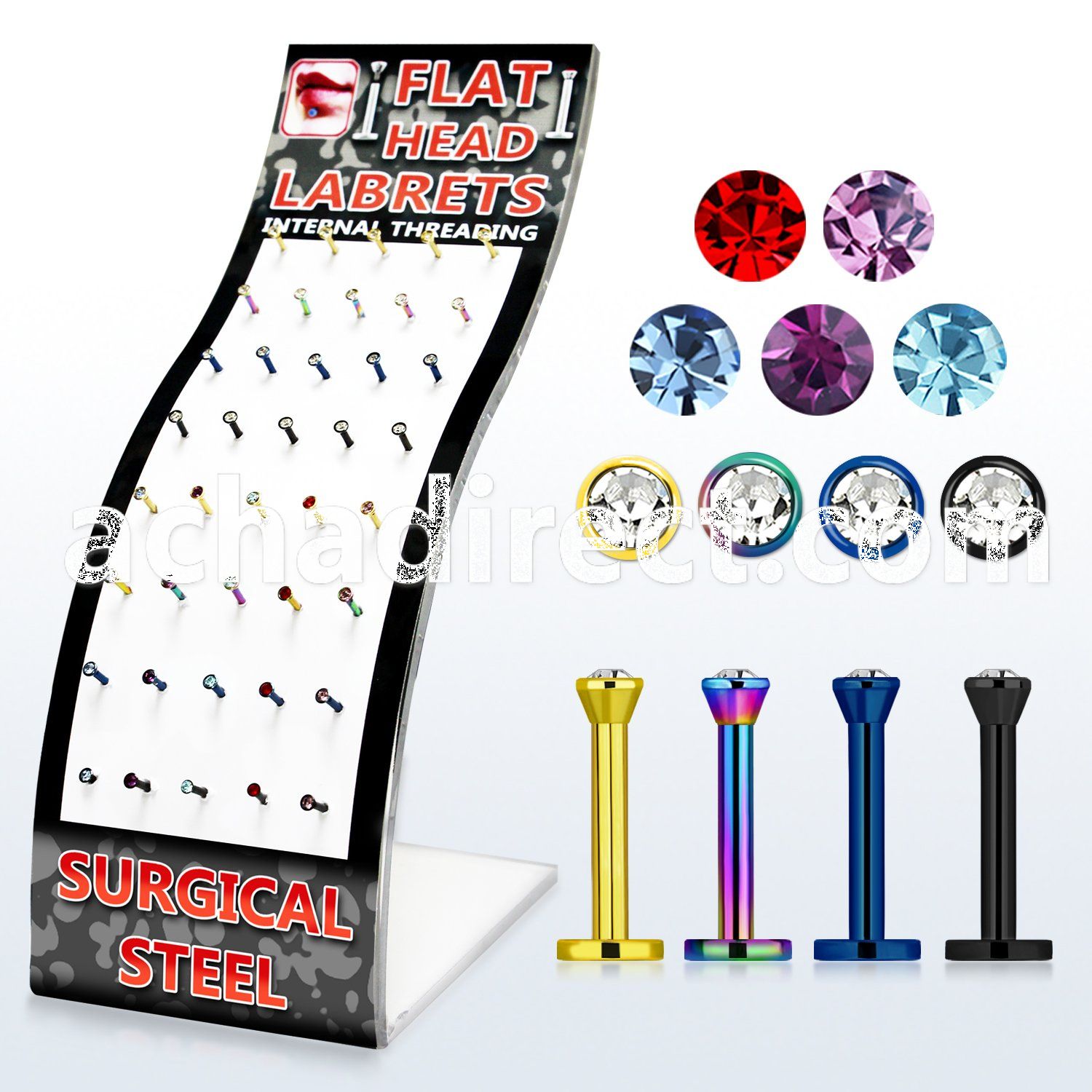 brmlb12 anodized 316l steel thread labret with flat crystal top