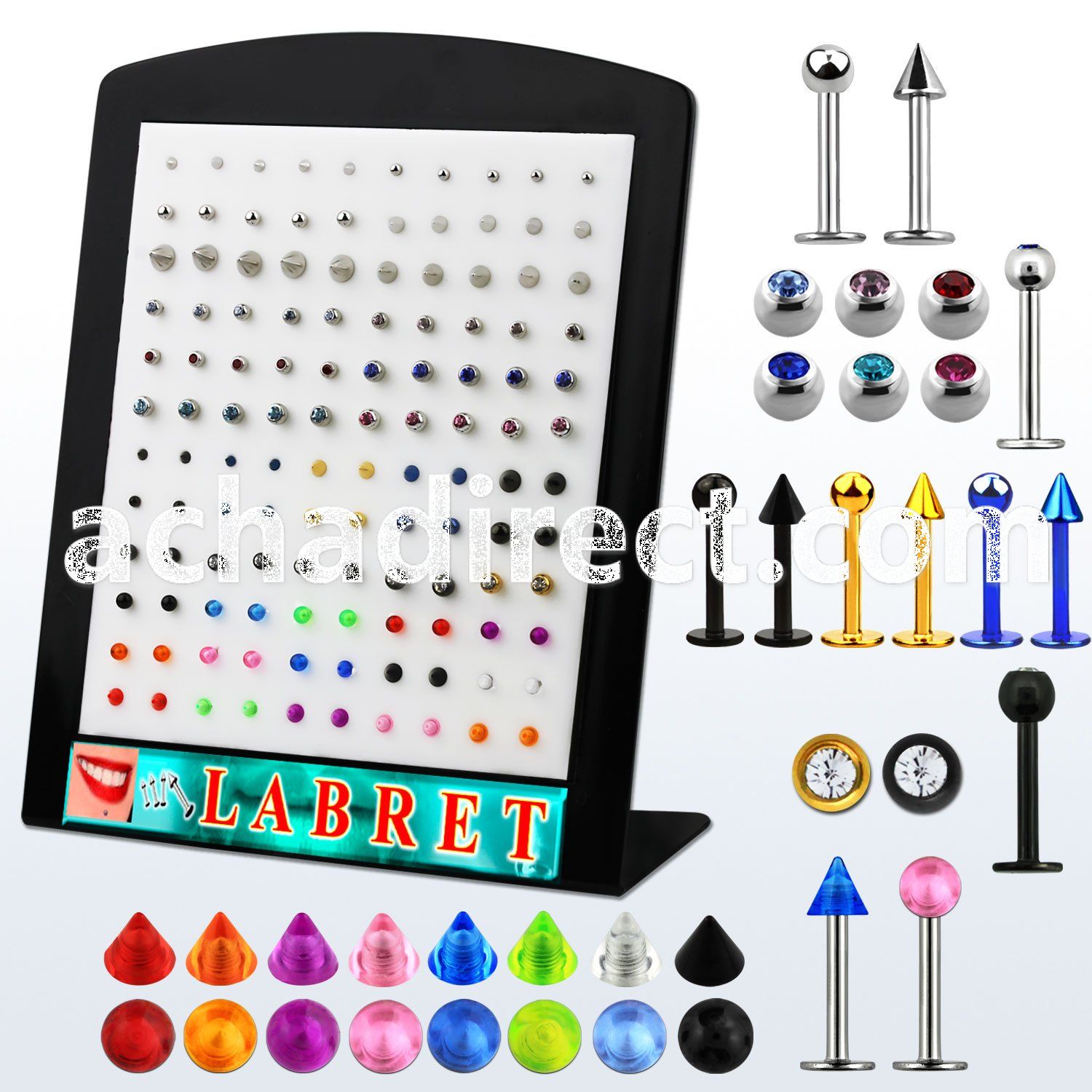 brmlb 316l steel labret with assorted 3mm ball cone