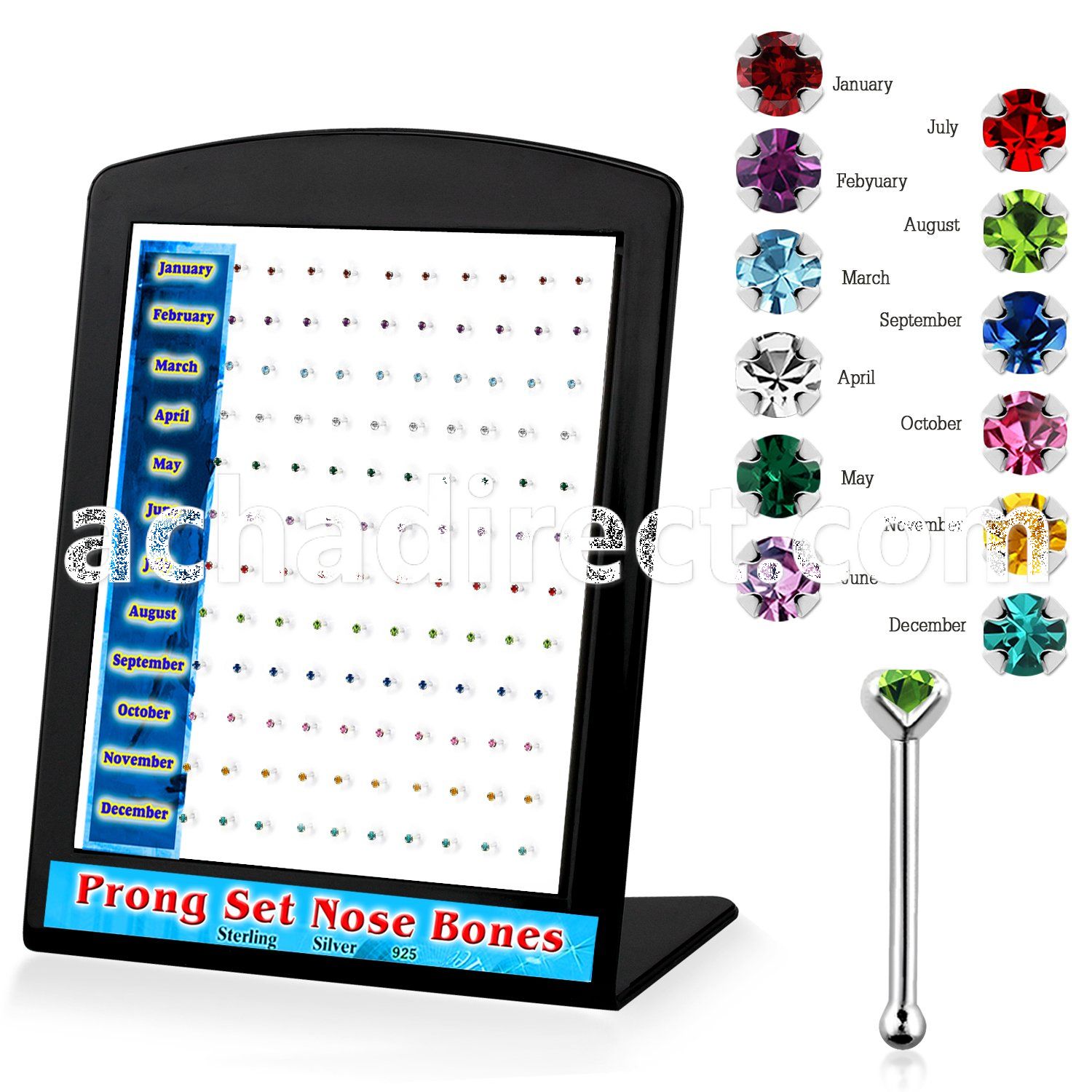 brnbpbt silver nose bone w prong birthstone colored crystal top