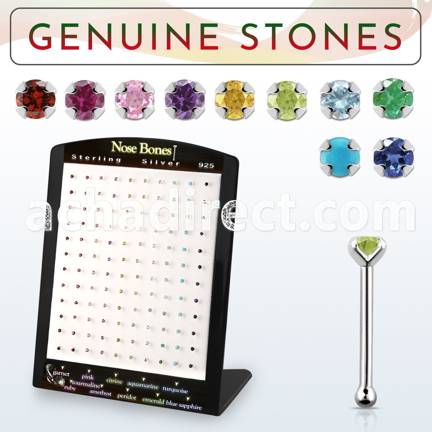 brnbpge display w 120 silver nose bones w 2mm genuine stones