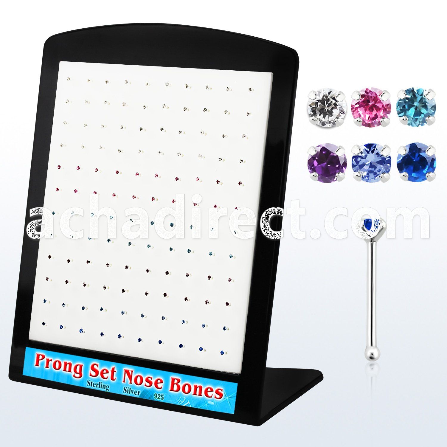 brnbpm silver nose bone with prong assorted colored crystal top