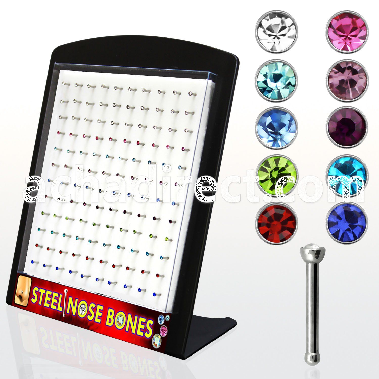 brnbsm2 316l nose bone with assorted color 2mm crystal top