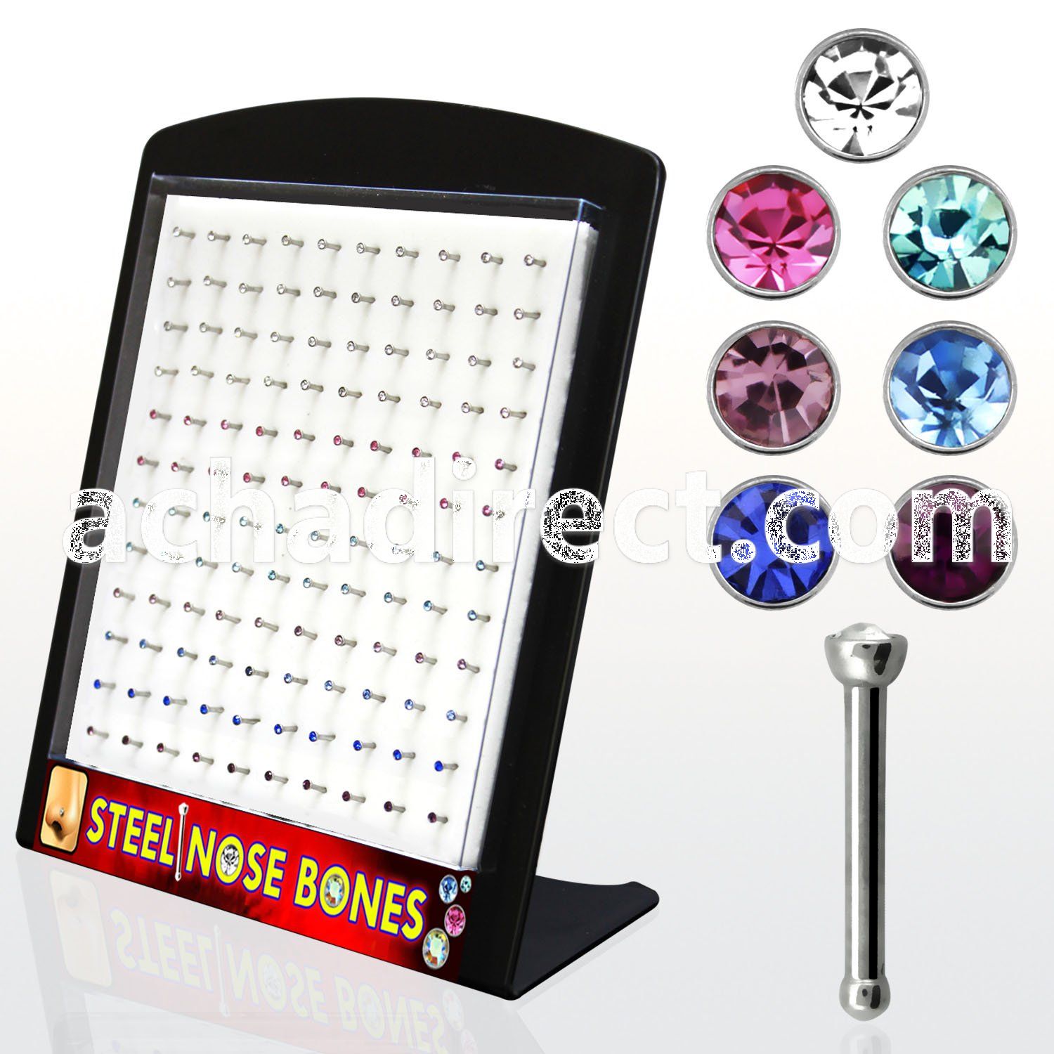 brnbsm 316l nose bone with assorted colored crystal top