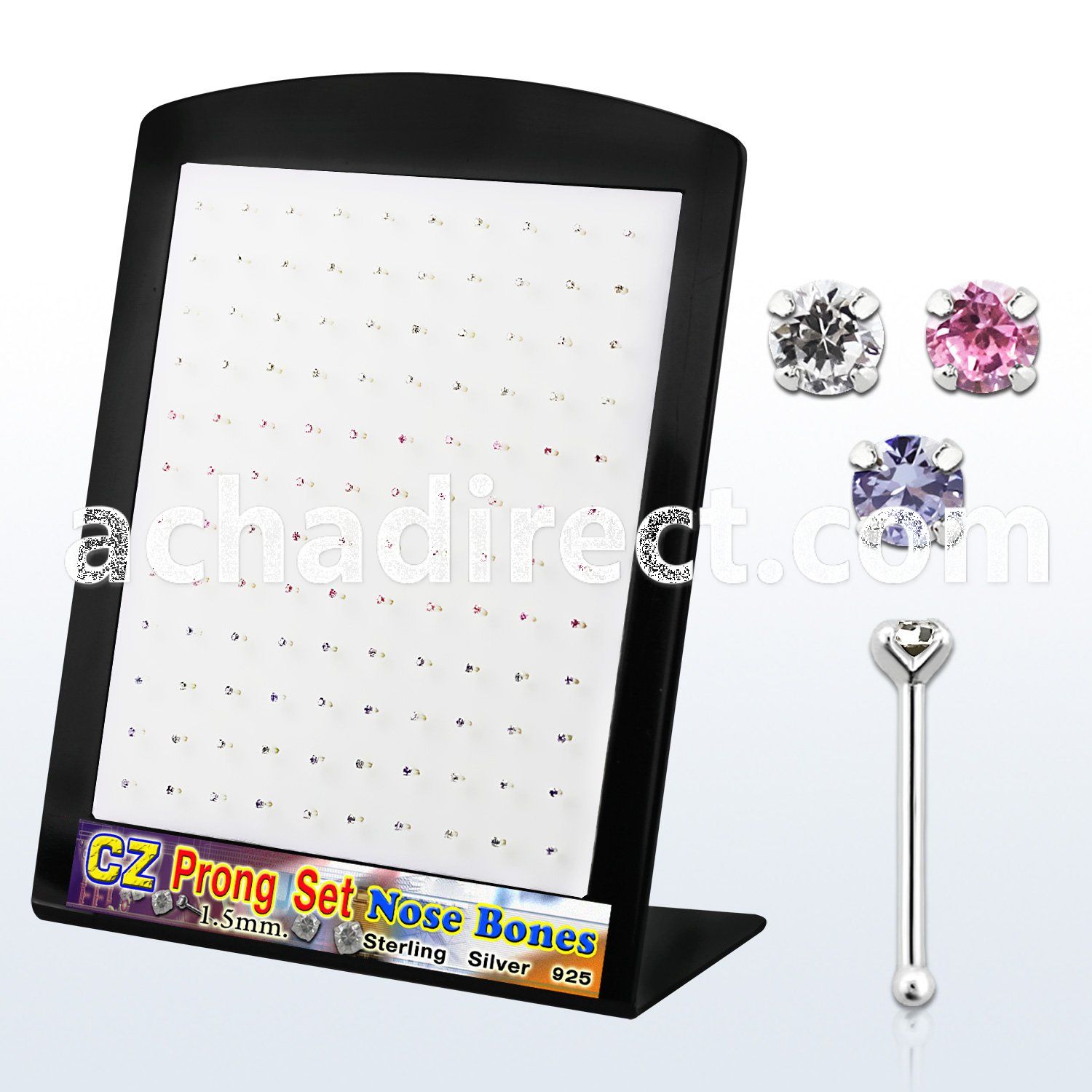 brnbzm silver nose bone with prong round assorted colored cz