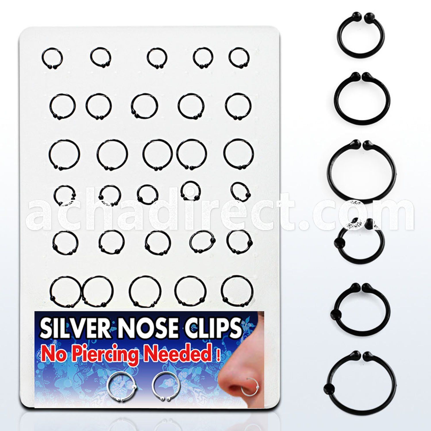 brncp1 display of black color plated sterling silver nose clips