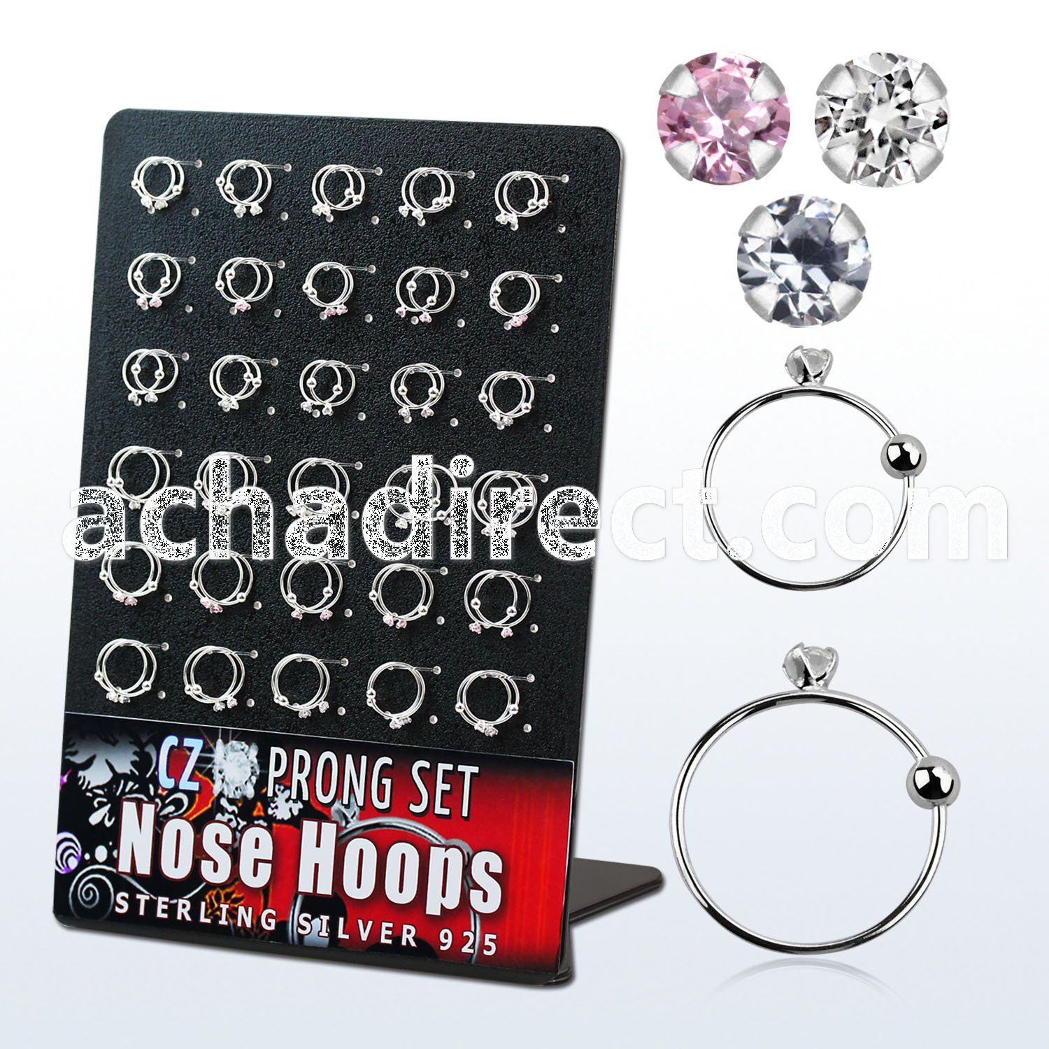 brnhm18 board silver noose hoops w 2mm prong set round cz stone