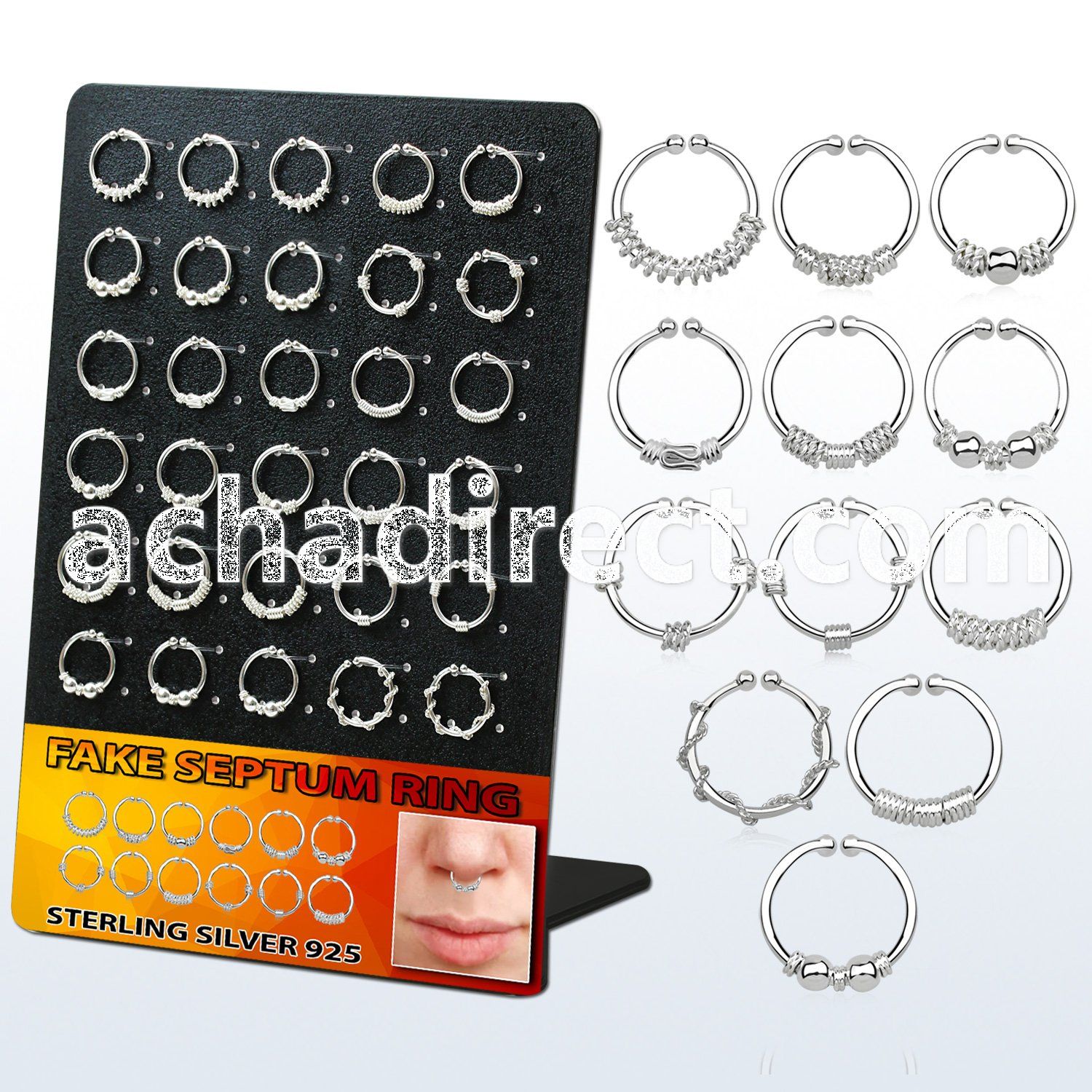 brnhm20 display w 36 pcs. of assorted silver fake septum rings