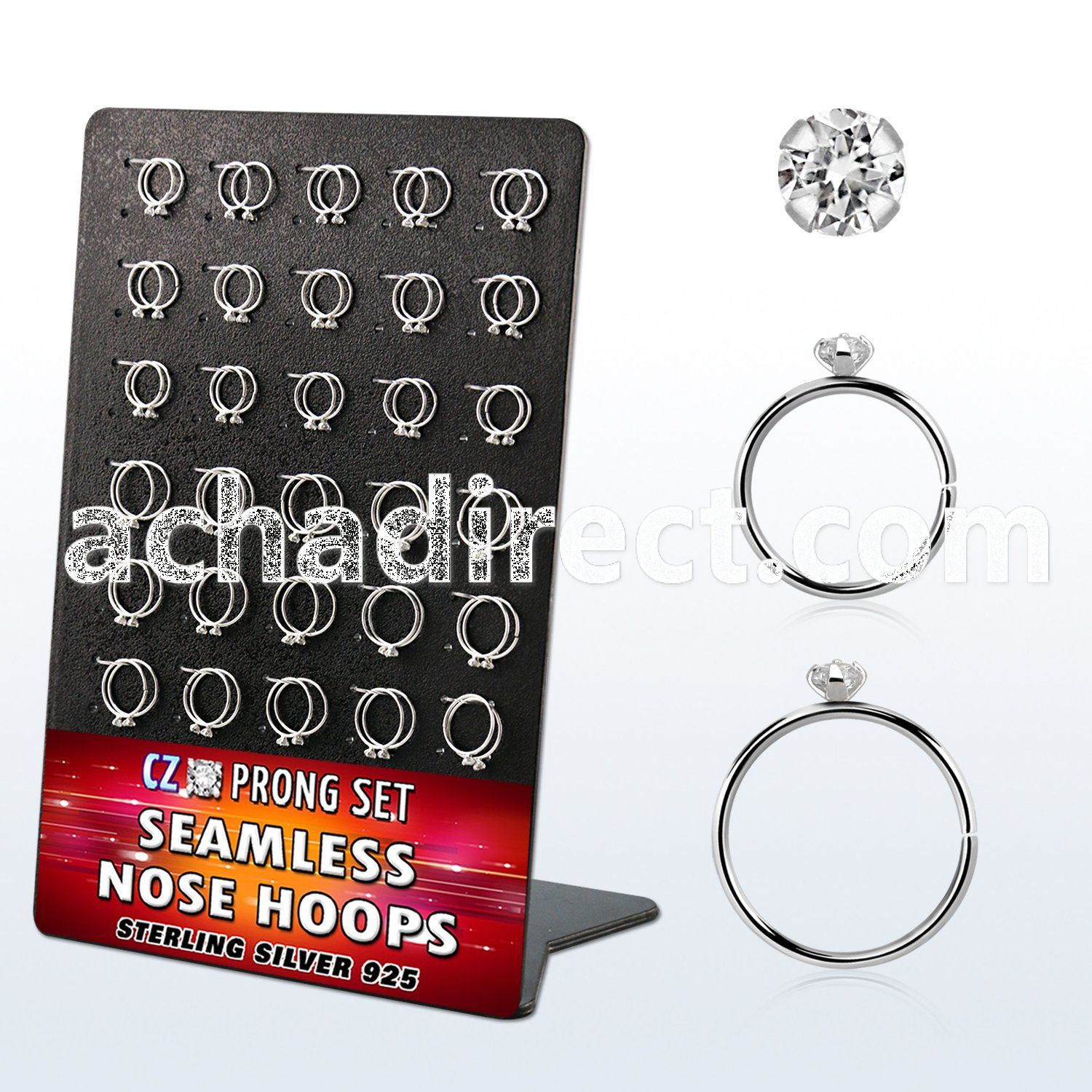 brnhm26 board w 60 silver seamless nose hoop w 2mm clear cz