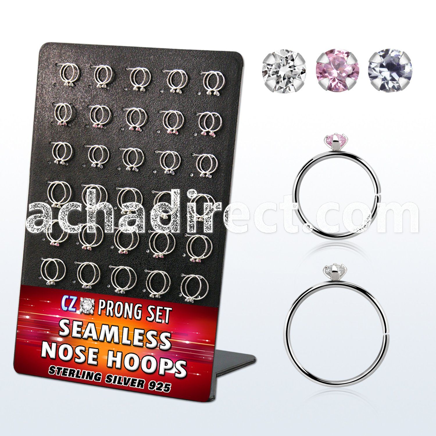 brnhm27 board w 60 silver seamless nose hoop w 2mm color cz