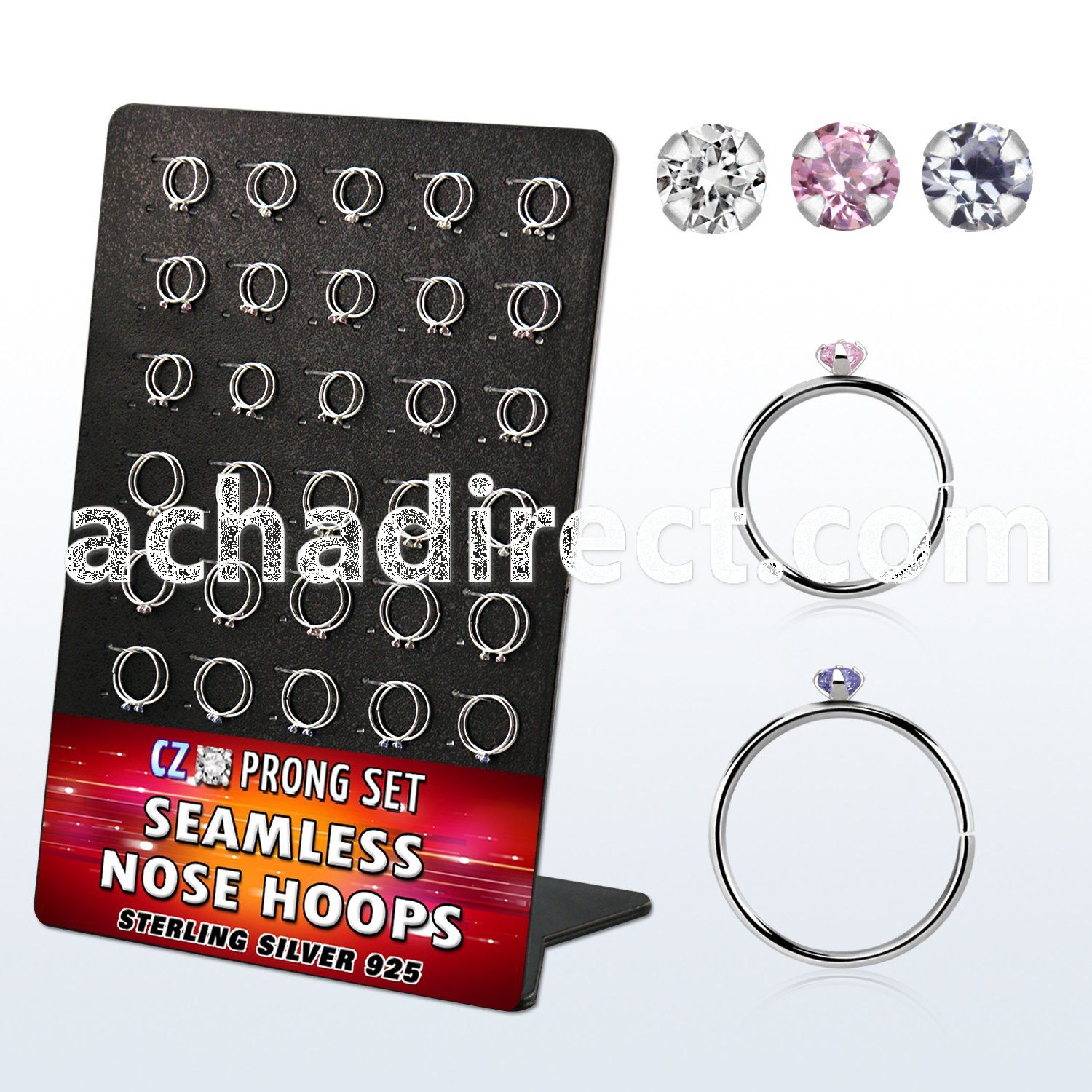 brnhm29 board w 60 silver seamless nose hoop w 1.5mm color cz
