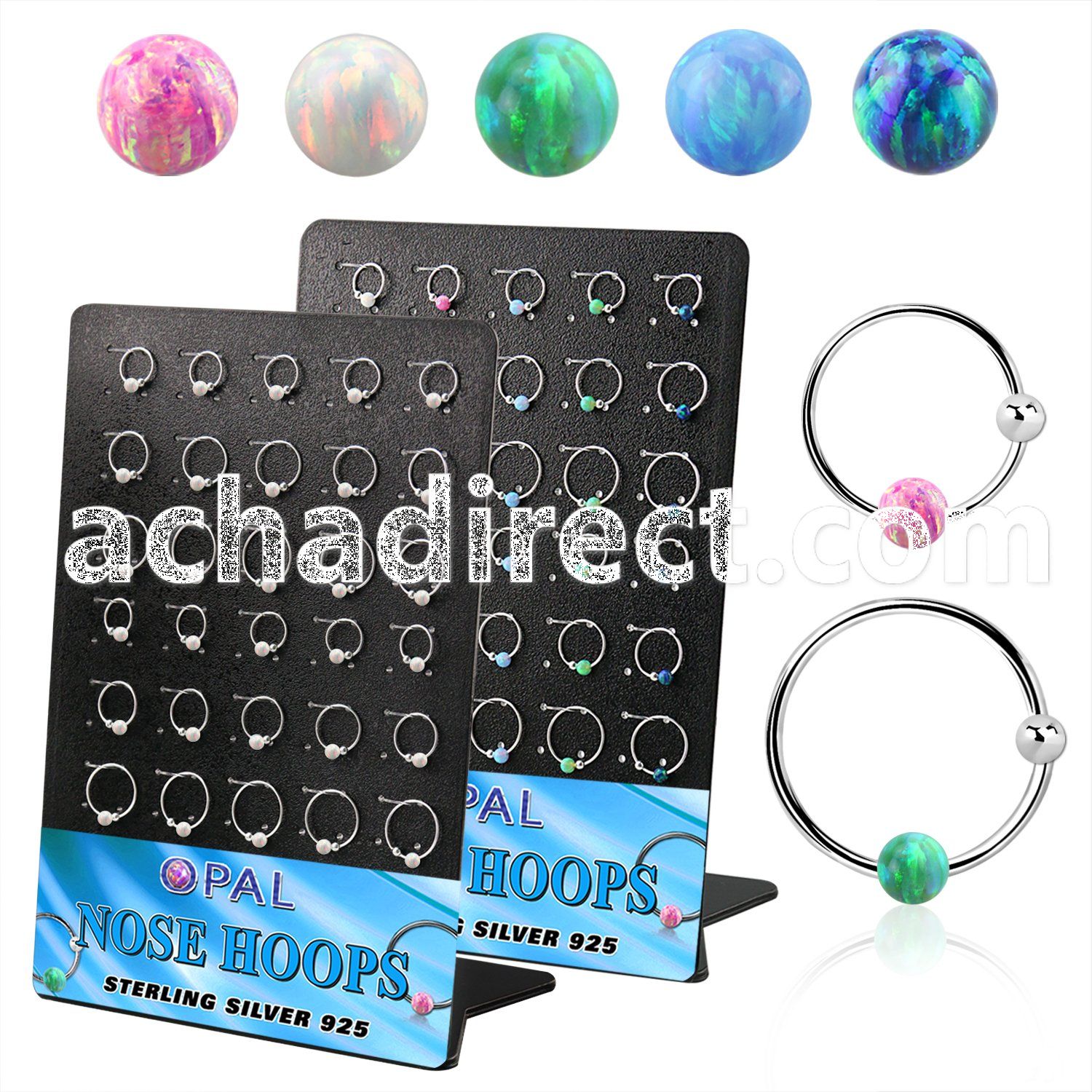 brnhm40 board w 30 silver nose hoops w ballw 3mm synthetic opal