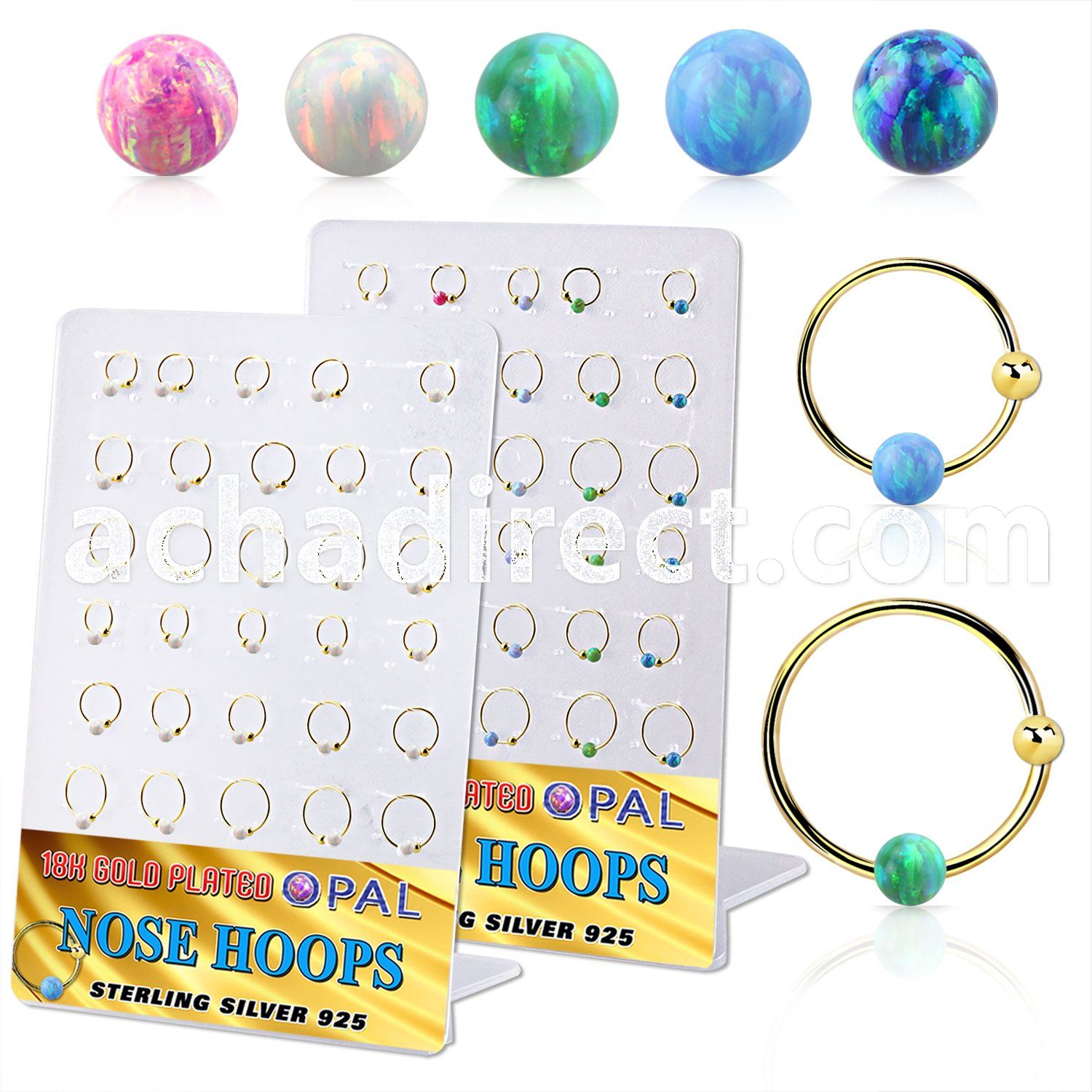 brnhm45 board w 30 gold silver nose hoops w ball 3mm opal ball