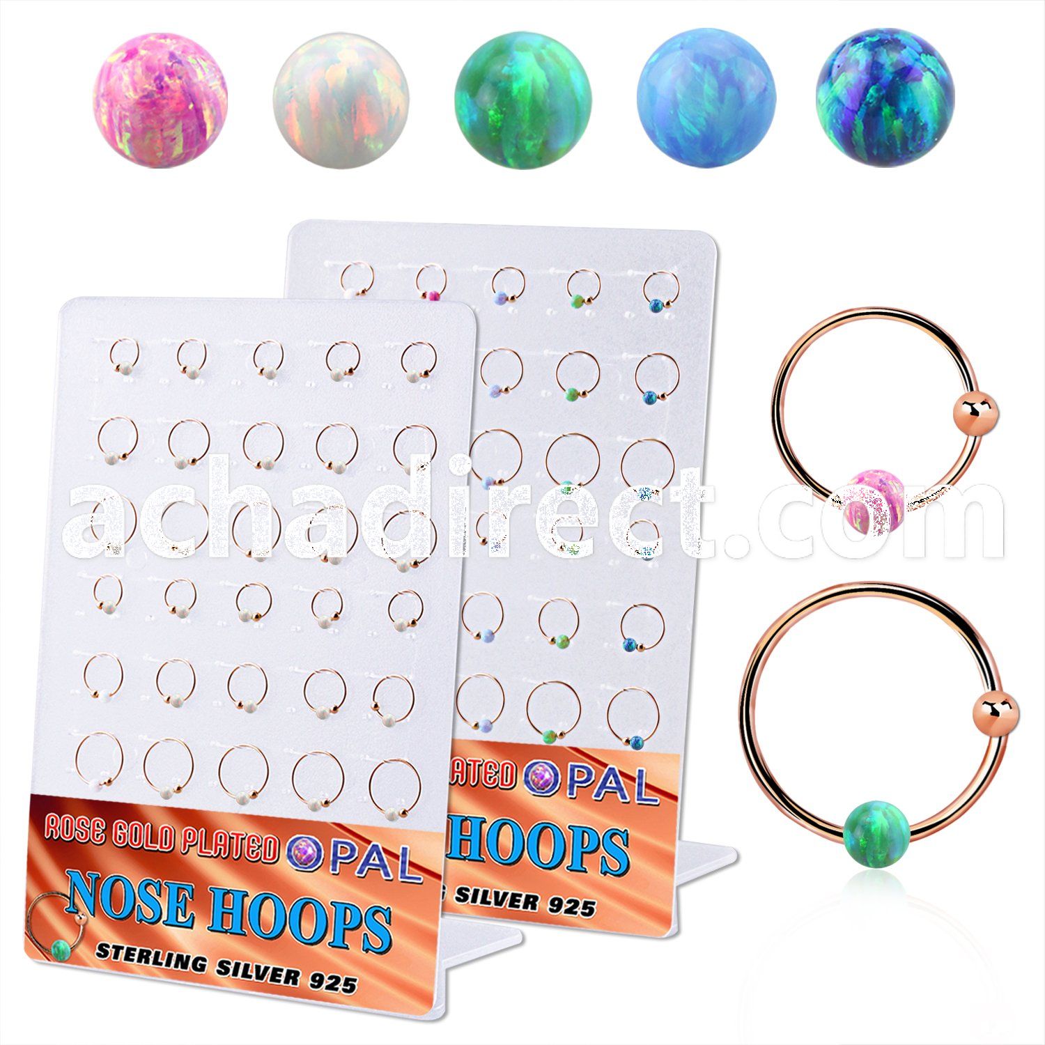 brnhm48 board w 30 rose gold silver nose hoops w 3mm opal ball