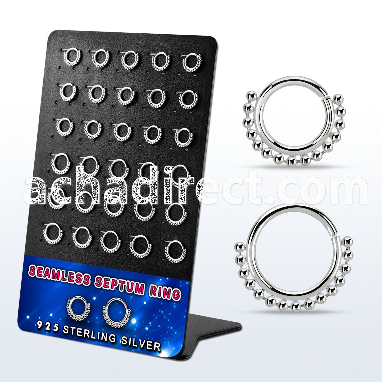 brnhm54 board w 30 silver septum seamless rings w small beads