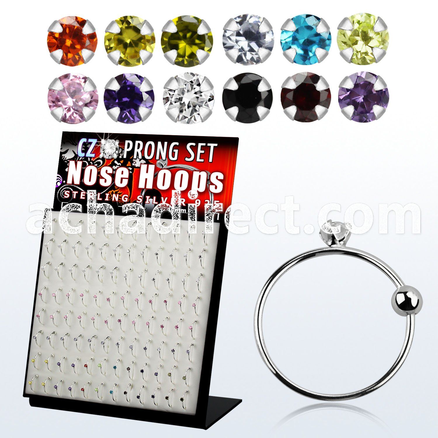 brnhmx11 board silver noose hoops w 2mm prong set round cz stone