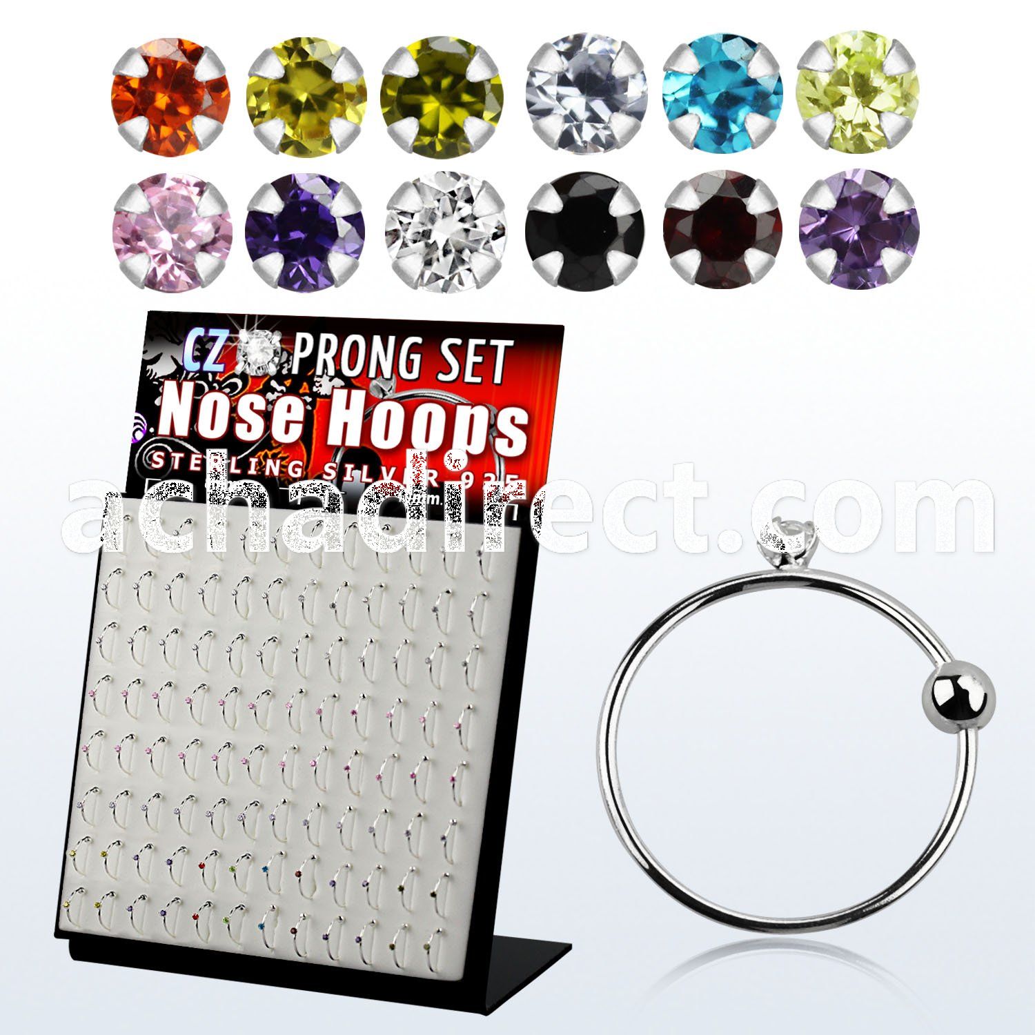 brnhmx12 board silver noose hoop w 1 5mm prong set round cz stone