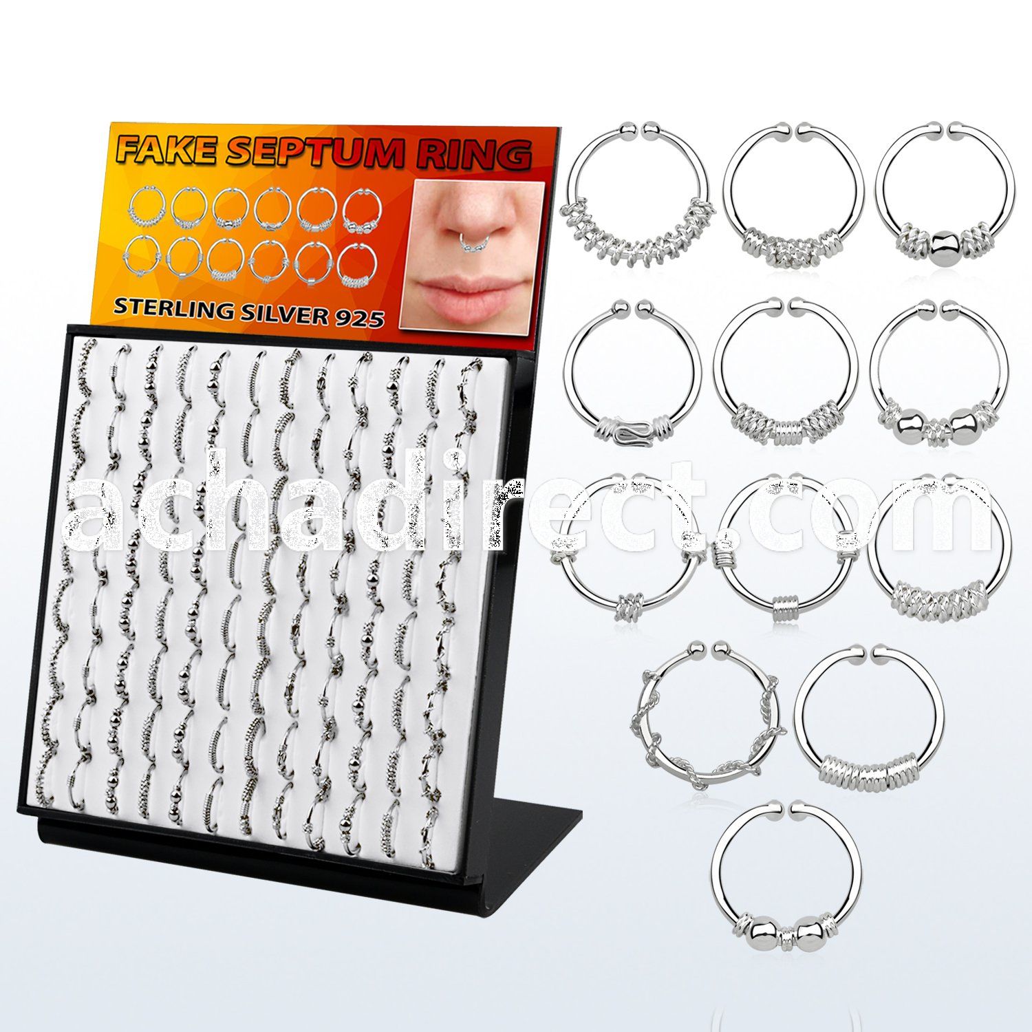 brnhmx18 display w 96 pcs. of assorted silver fake septum rings