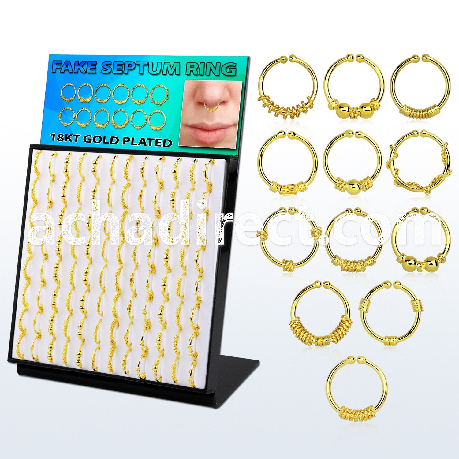 brnhmx19 display w silver fake septum rings w 18k gold plating 