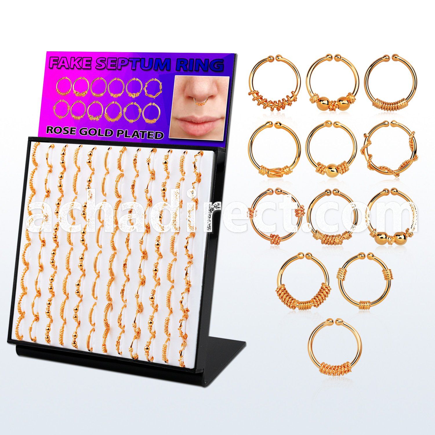 brnhmx20 display w silver fake septum rings w rose gold plating 