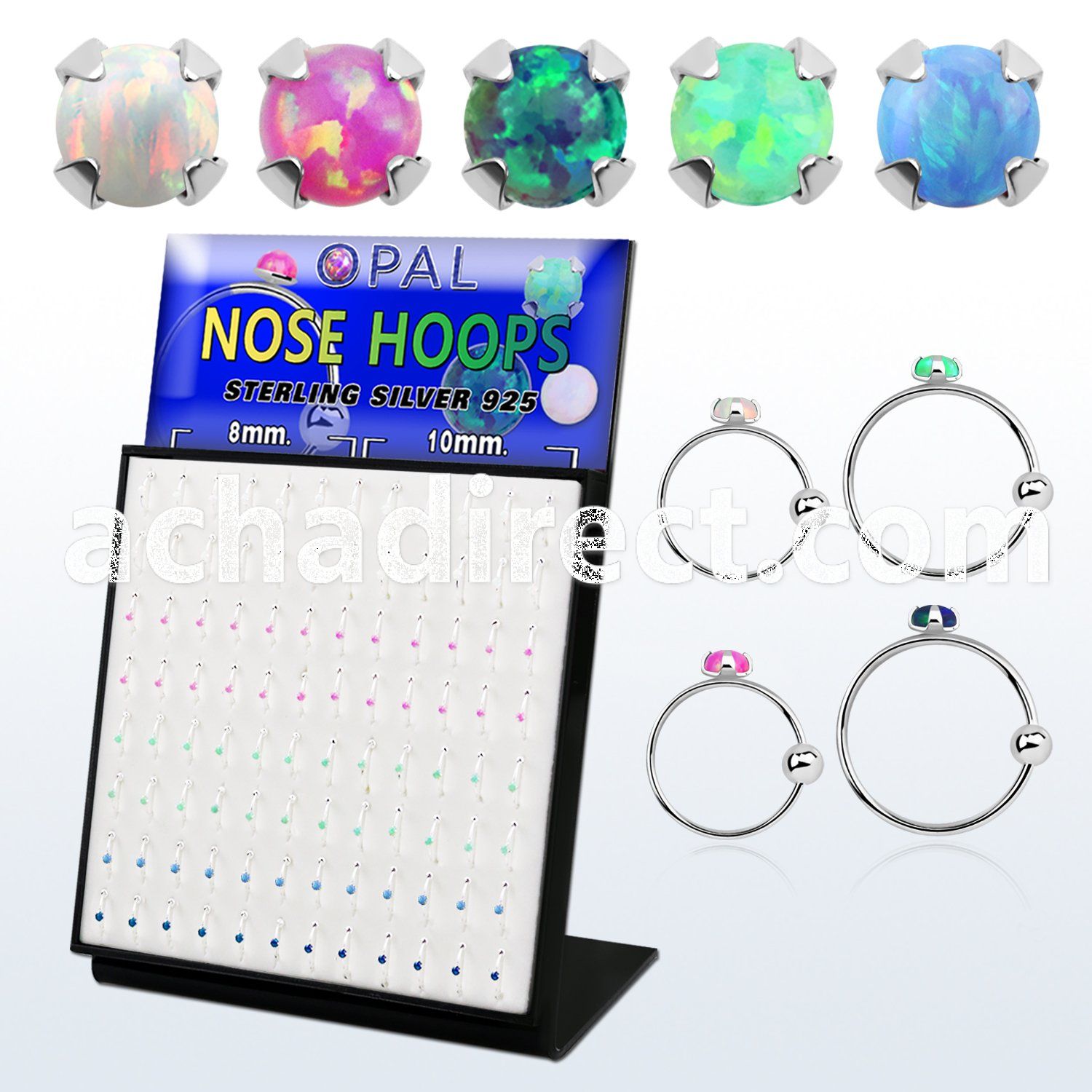 brnhmx23 board w silver nose hoop w 2mm prong set synthetic opal