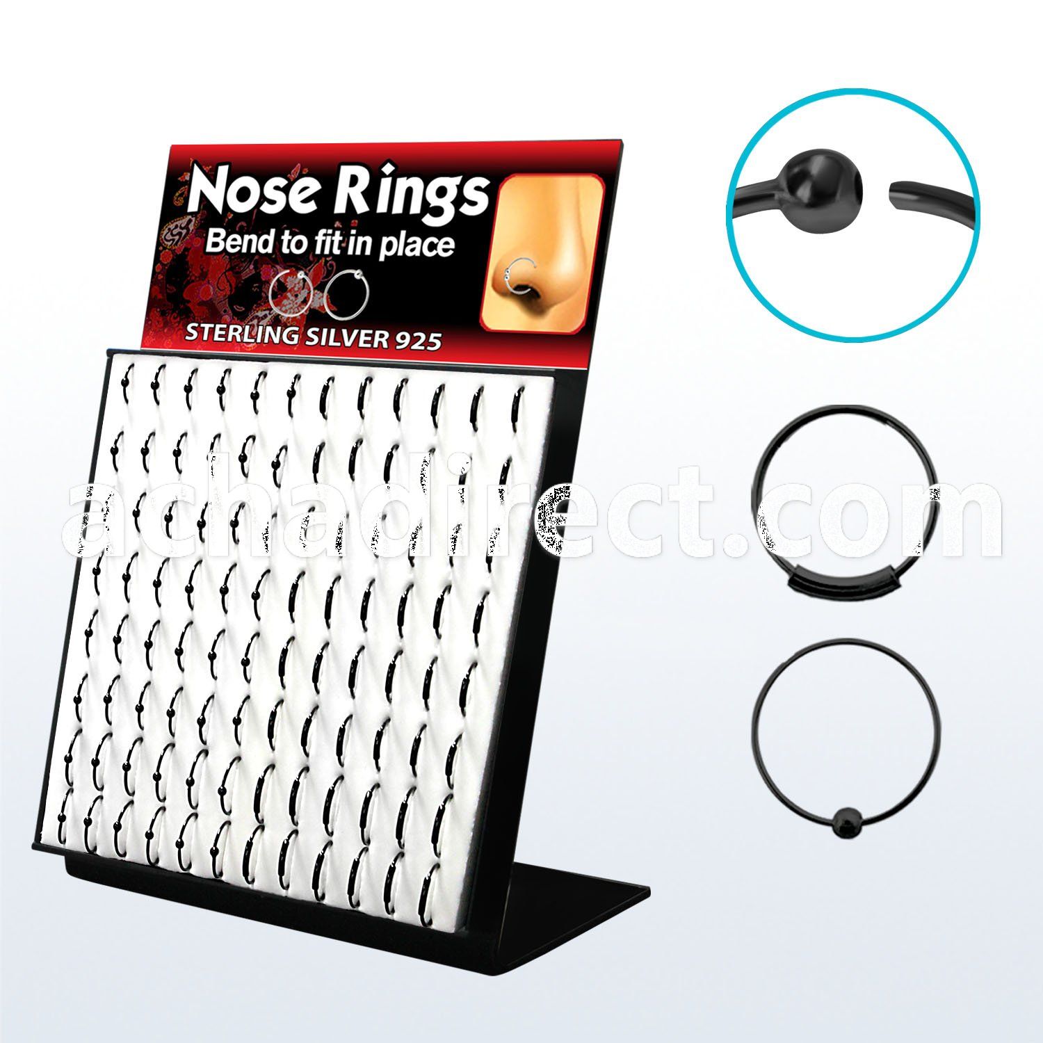 brnhmx2 display of black silver nose hoops with and without ball