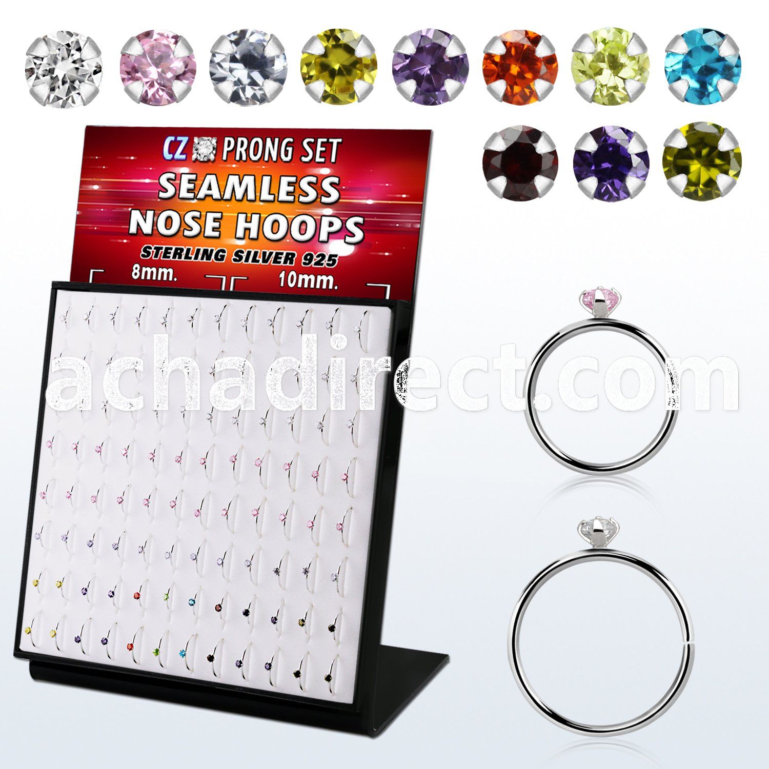 brnhmx34 board w 96 silver seamless nose hoop w 2mm assorted cz