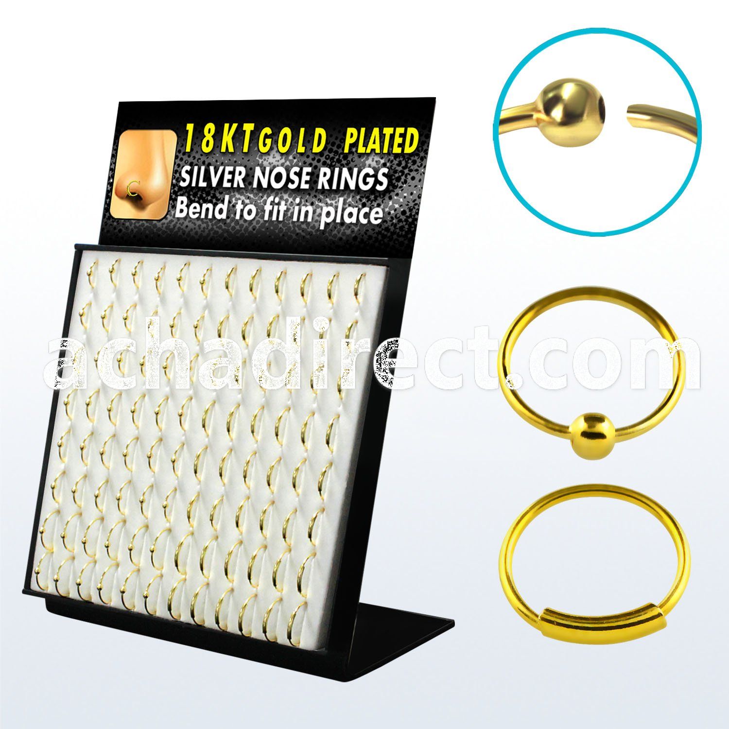 brnhmx3 display of gold silver nose hoops with without ball