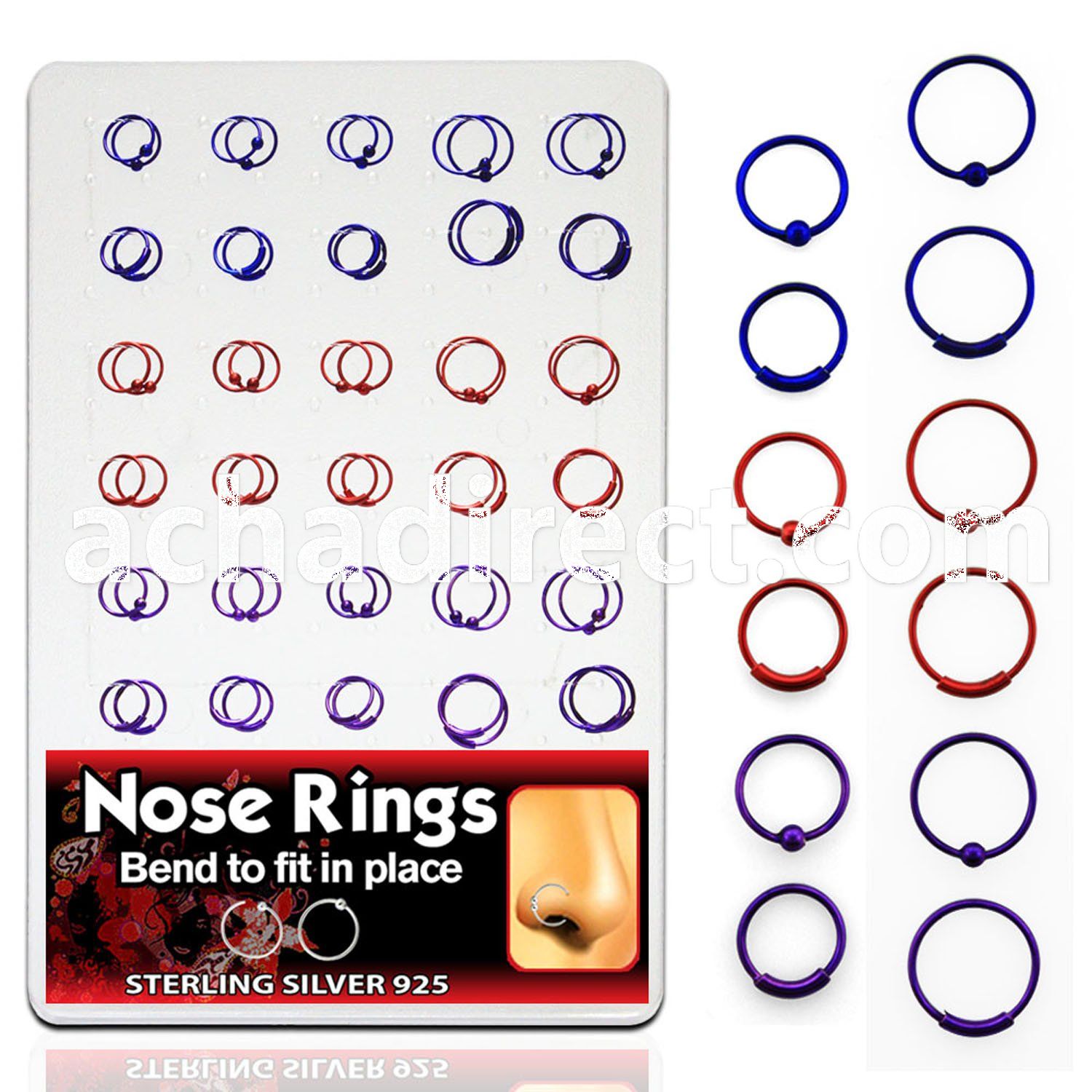 brnhp10 board of color plated silver nose hoops with w o ball
