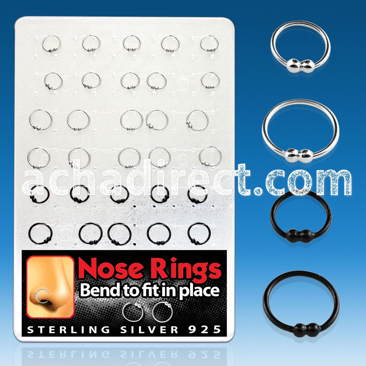 brnhp11 silver nose hoops with double halve black ball closure