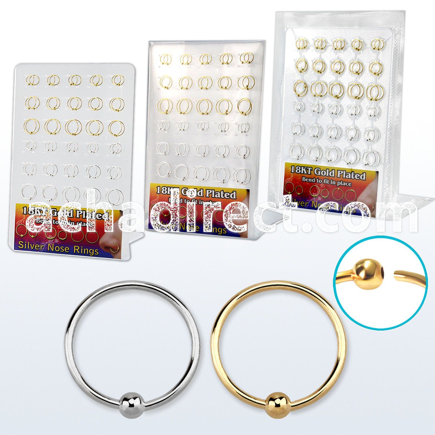 brnhp13 board of silver gold silver noose hoops with ball