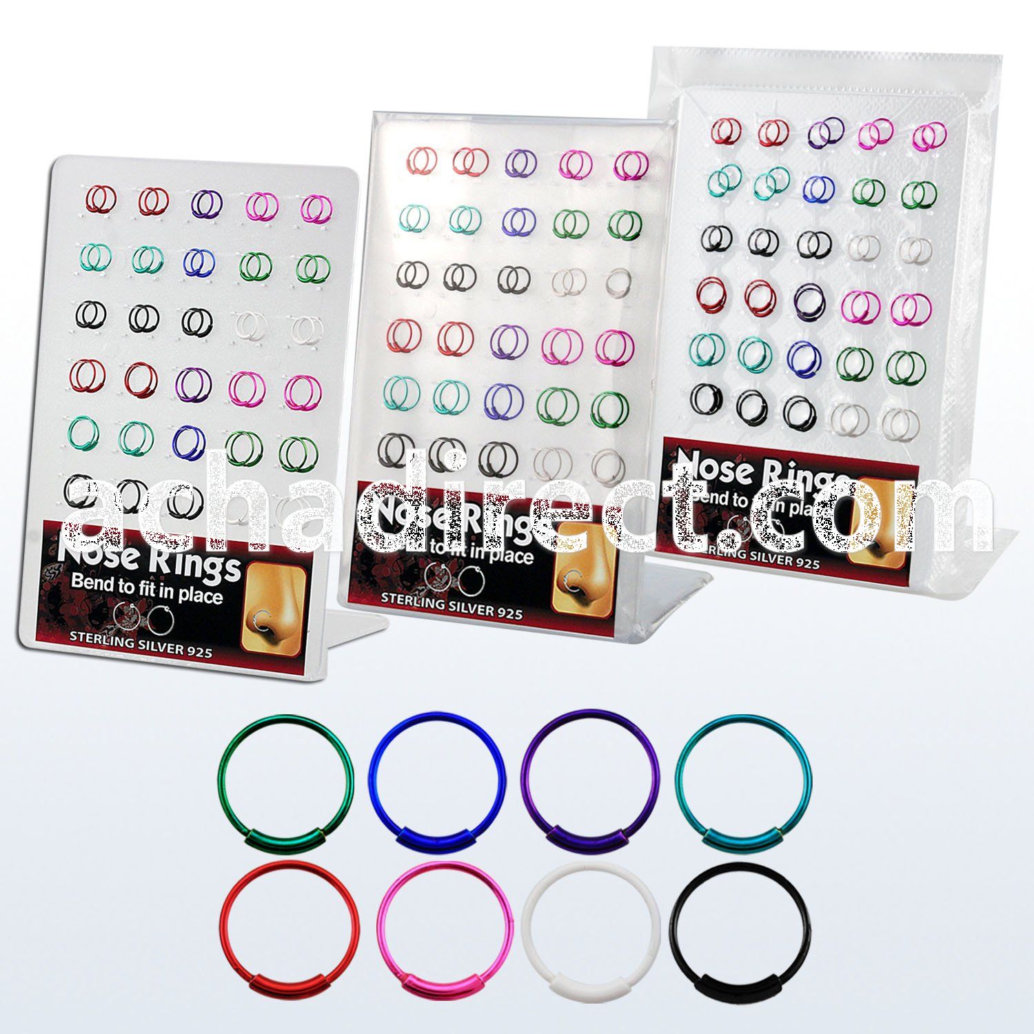 brnhp17 board of silver endless nose hoops with 8 color platings