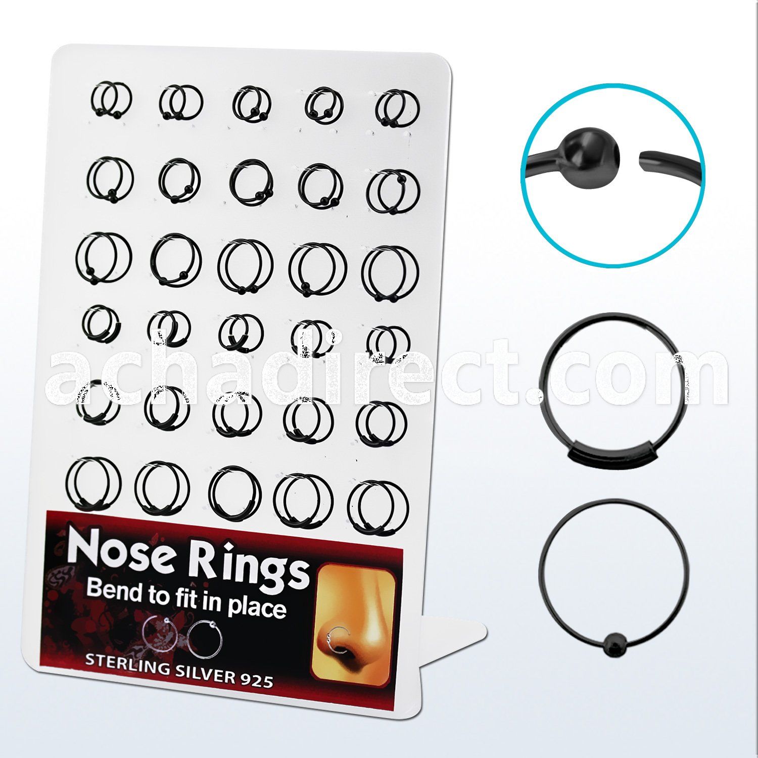 brnhp1 board of black silver nose hoops with without ball
