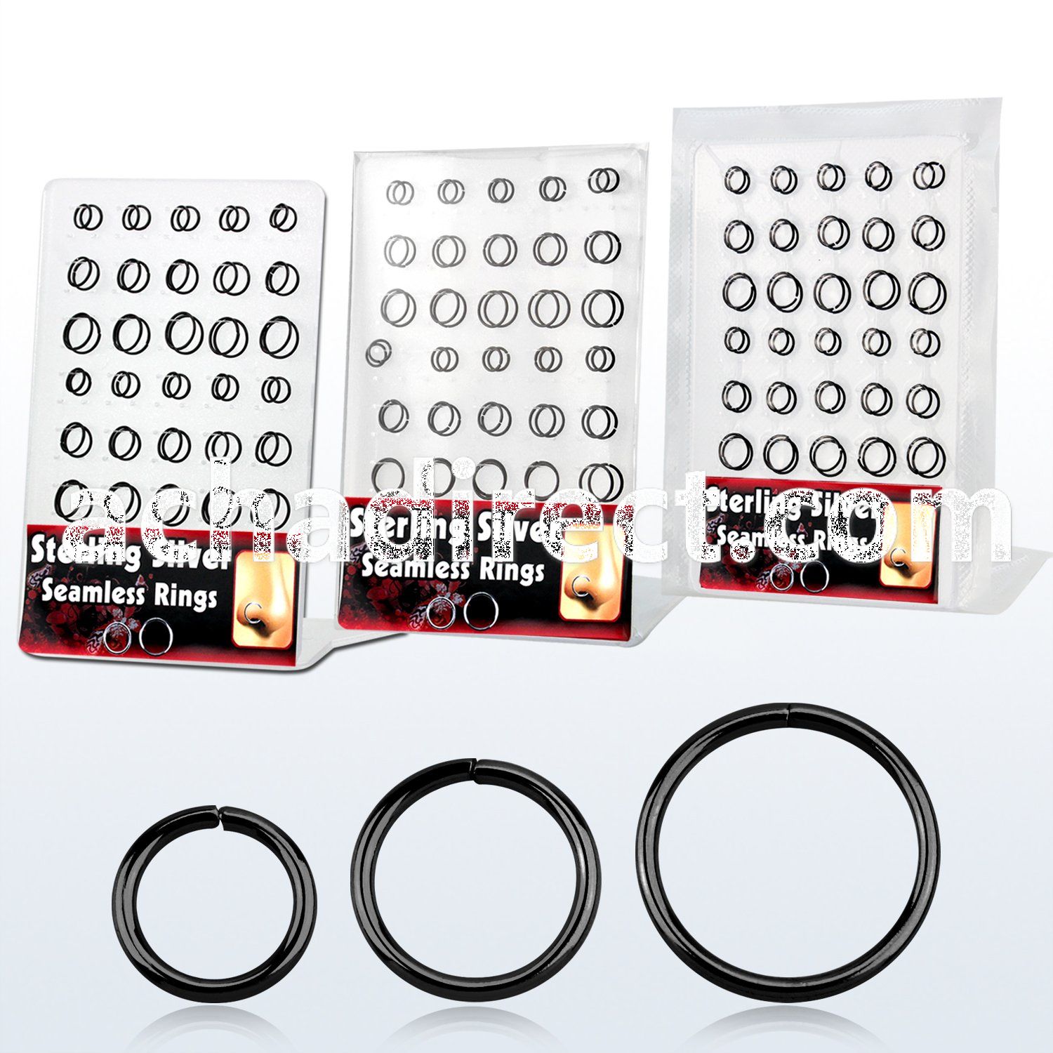 brnhp20 board of black plated 925 silver seamless nose rings