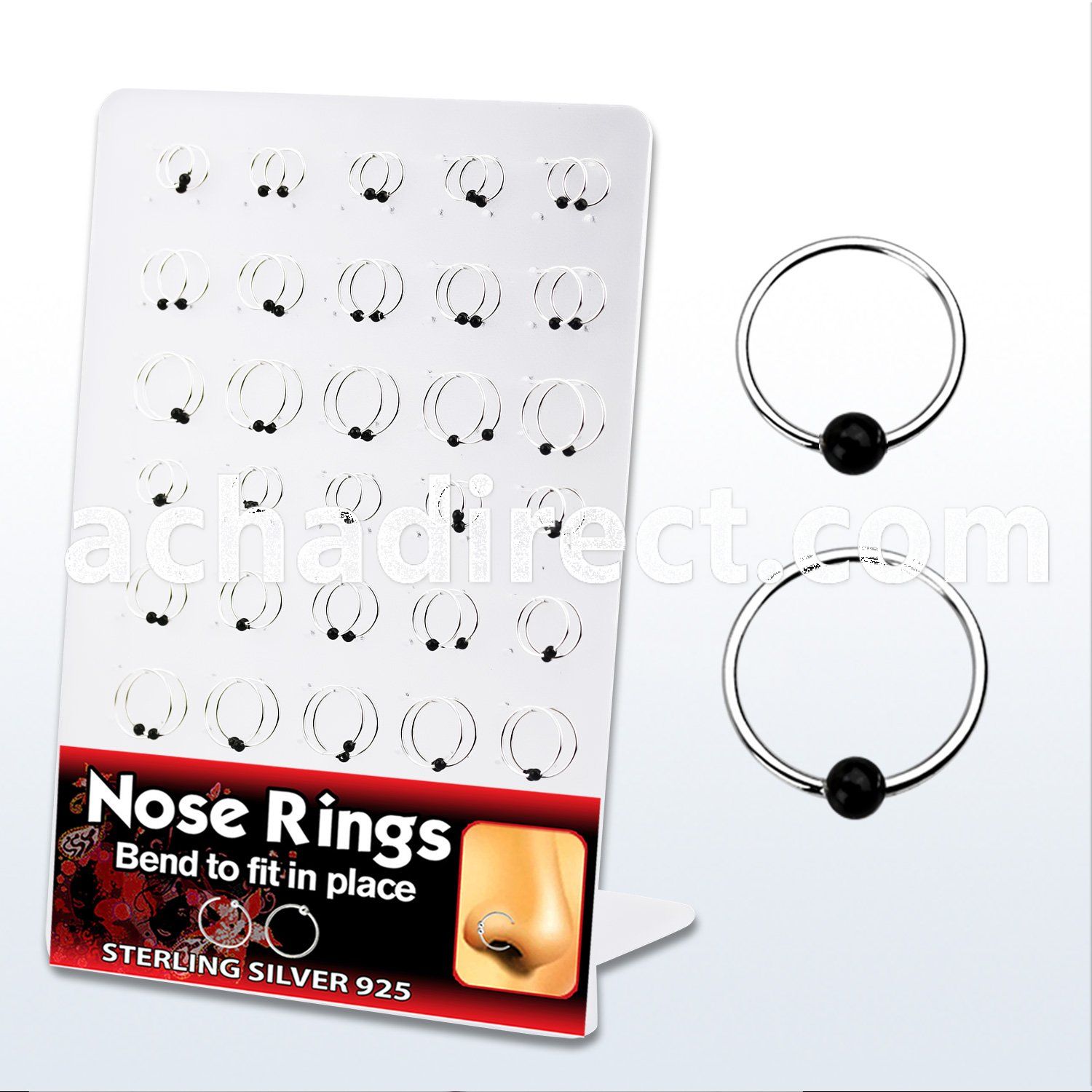 brnhp3 board of 925 silver nose hoops with black plated ball