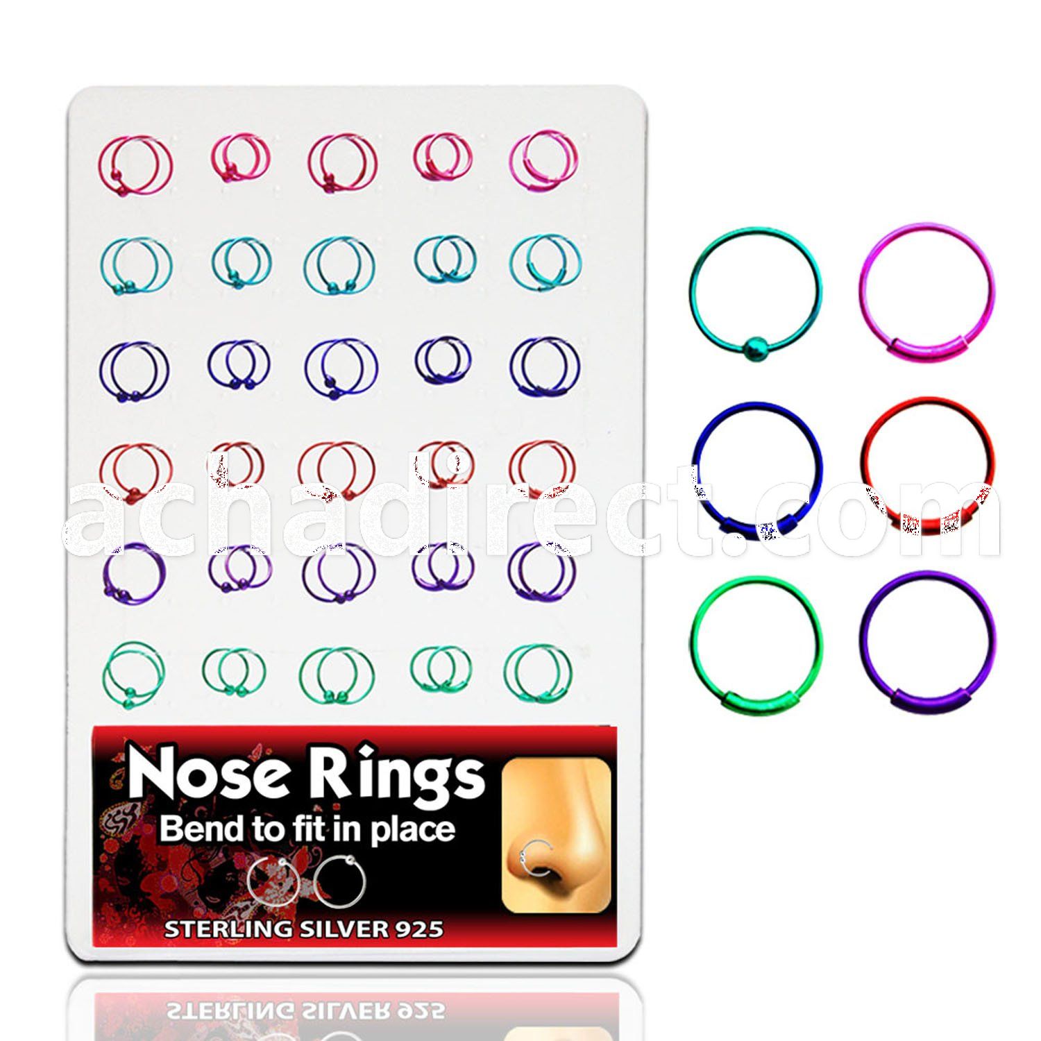 brnhp8 925 silver nose hoops with w o ball in plated colors