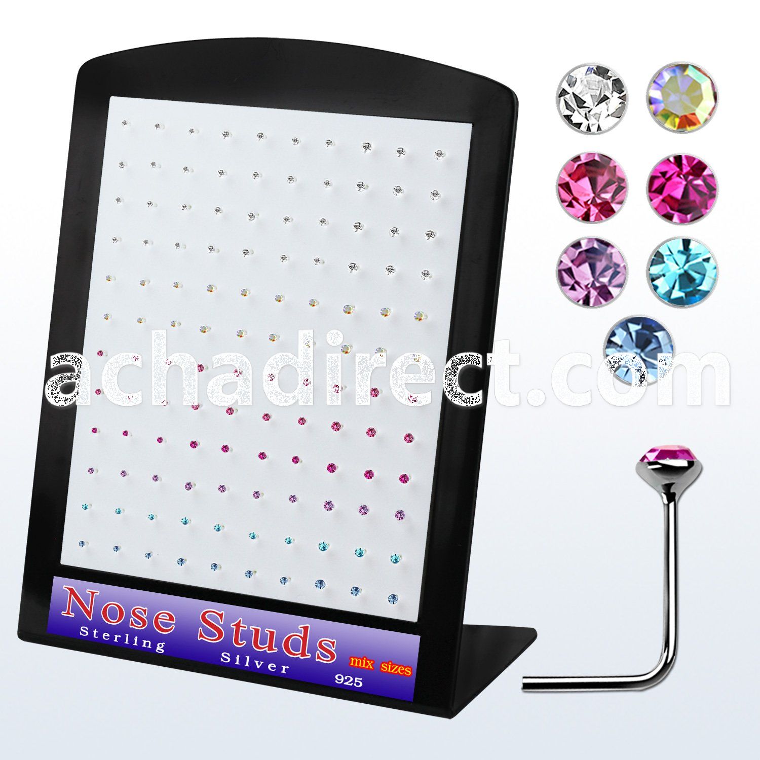 brnsmm silver nose stud with assorted color round crystal top