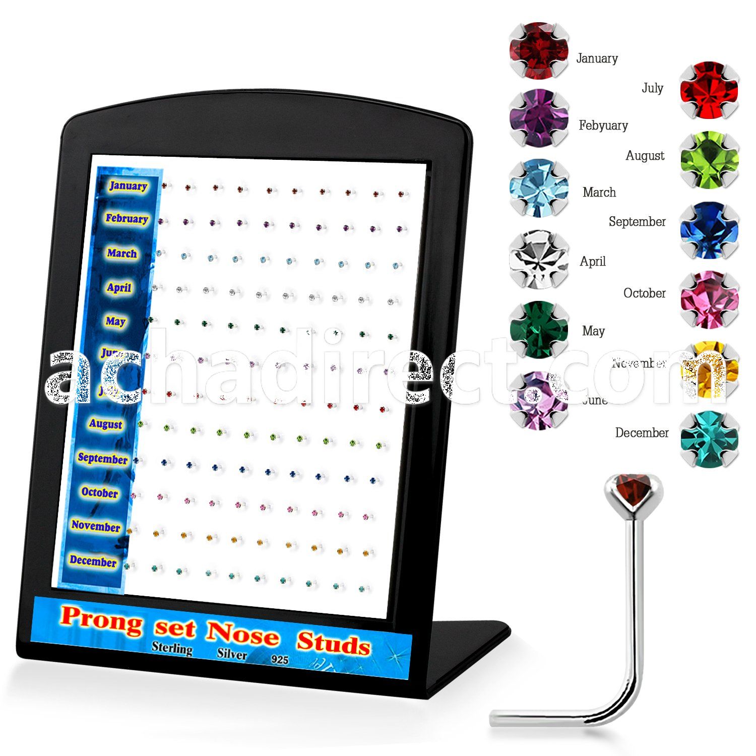 brnspbt silver nose stud w prong birthstone colored crystal top