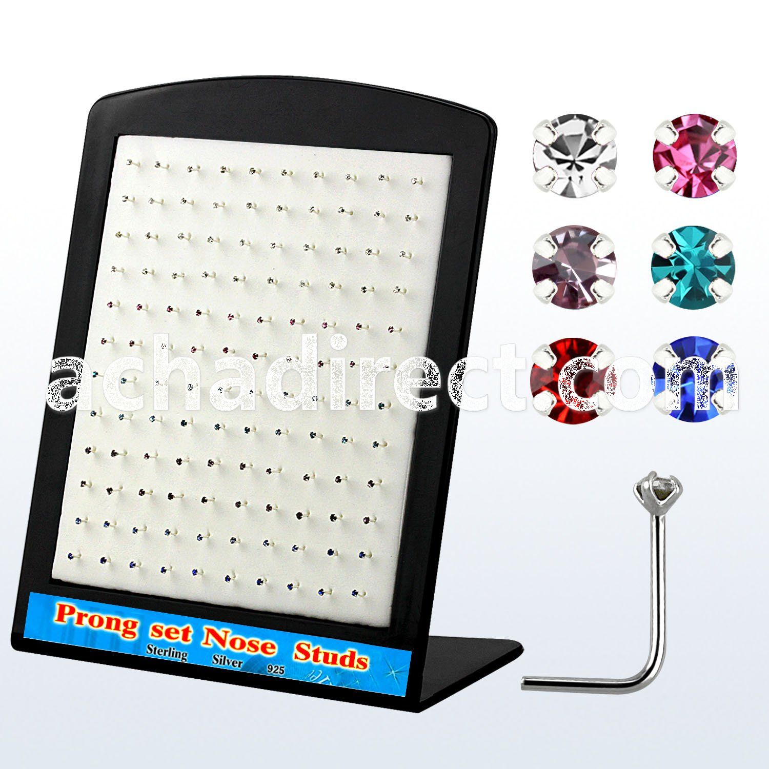 brnspm silver nose stud with round prong colored crystal top