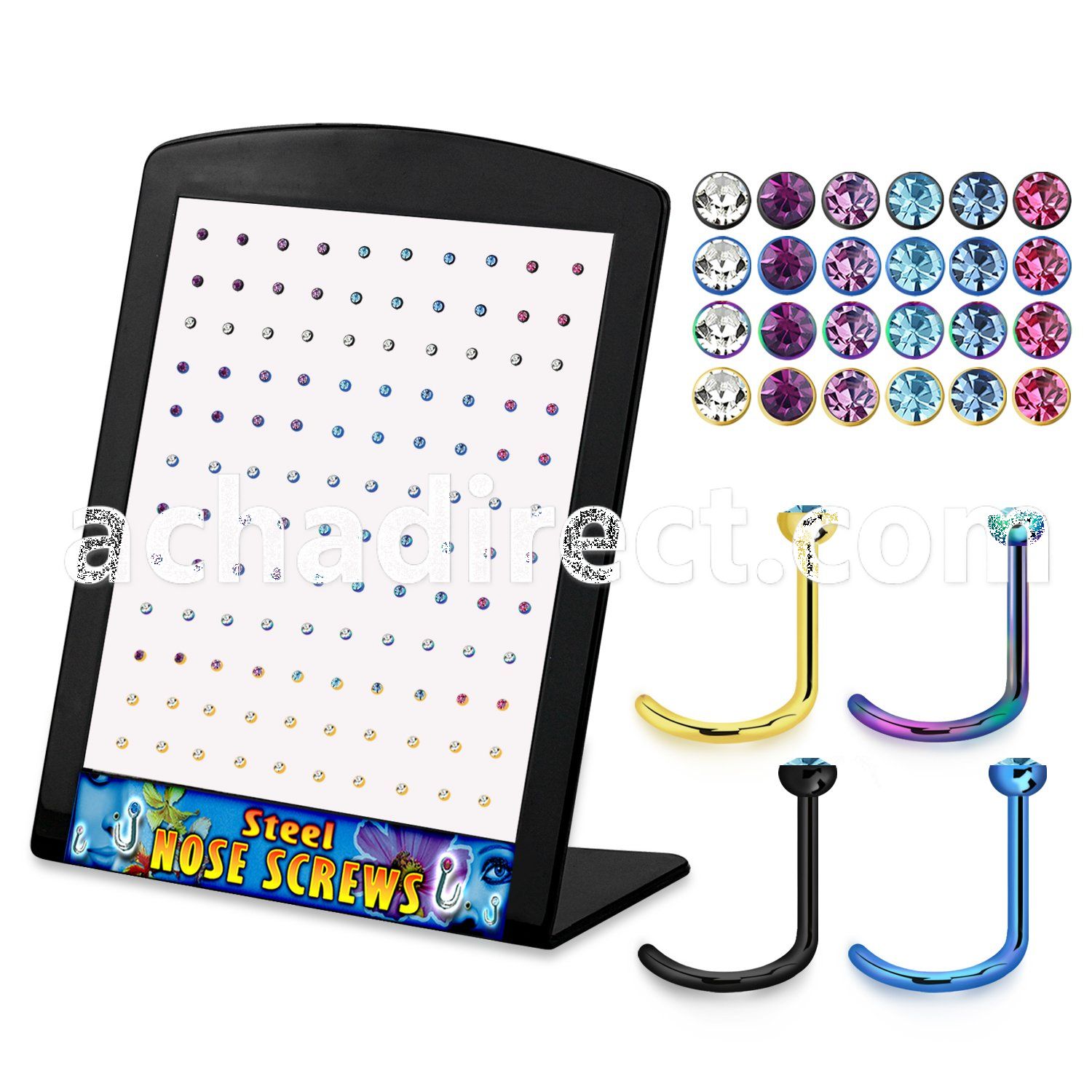 brnstc anodized 316l steel nose screw with colored crystal top