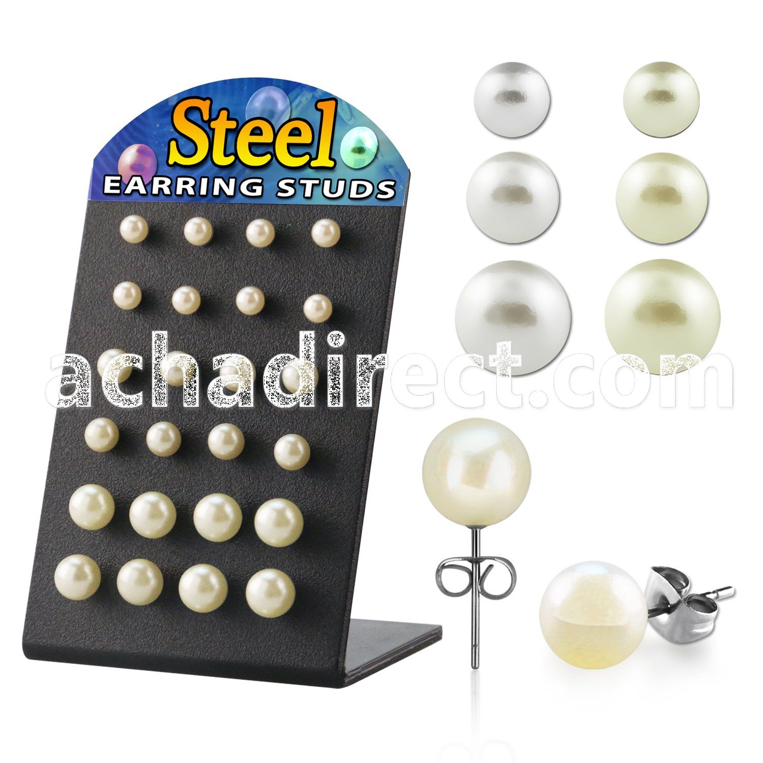 brper2 board of 316l steel earring stud with pearl balls