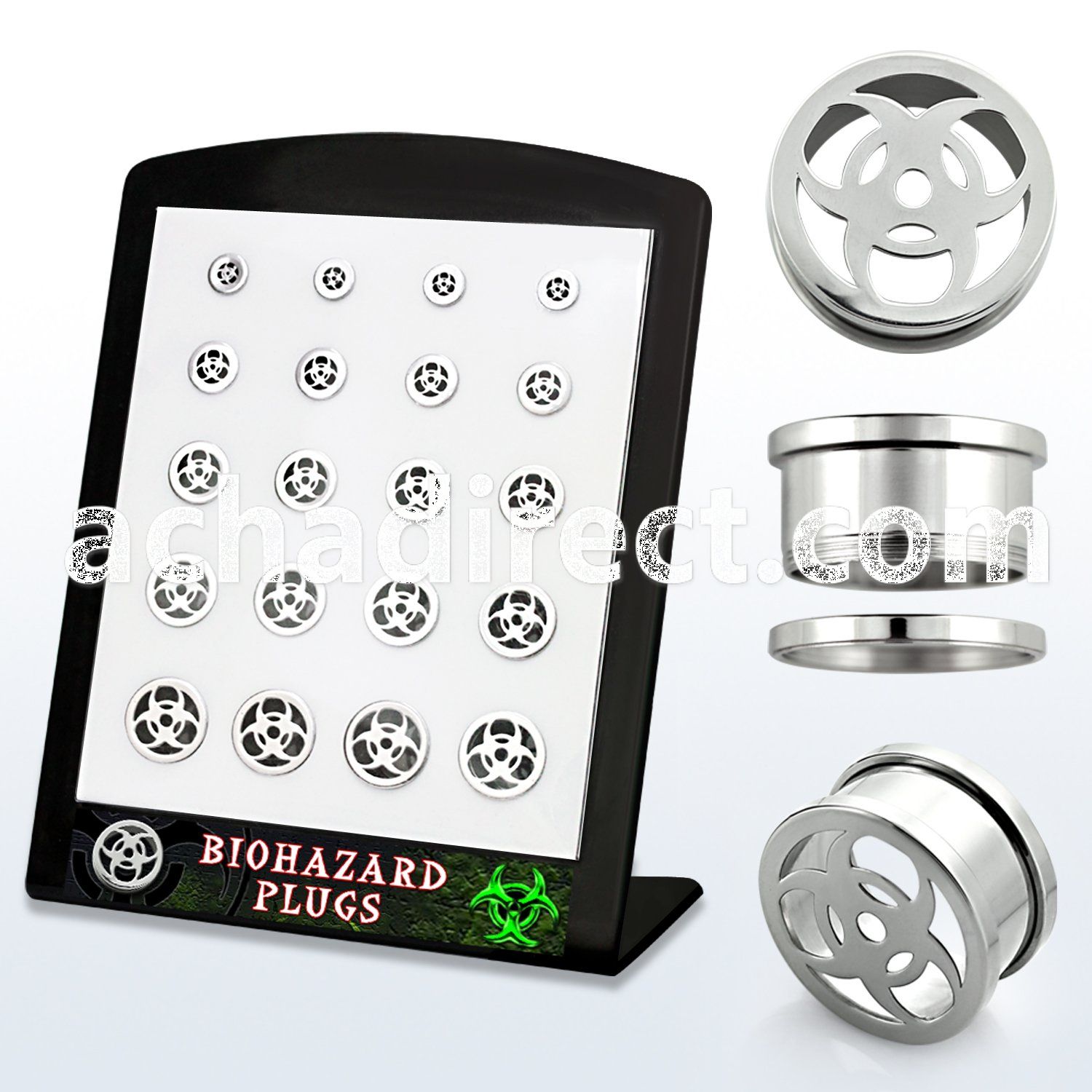 brpg143 board w steel screwfit flesh tunnel w biohazard logo