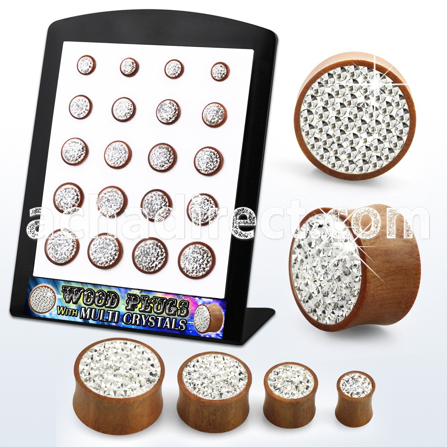 brpg172 display w multi crystal sawo wood double flared plugs