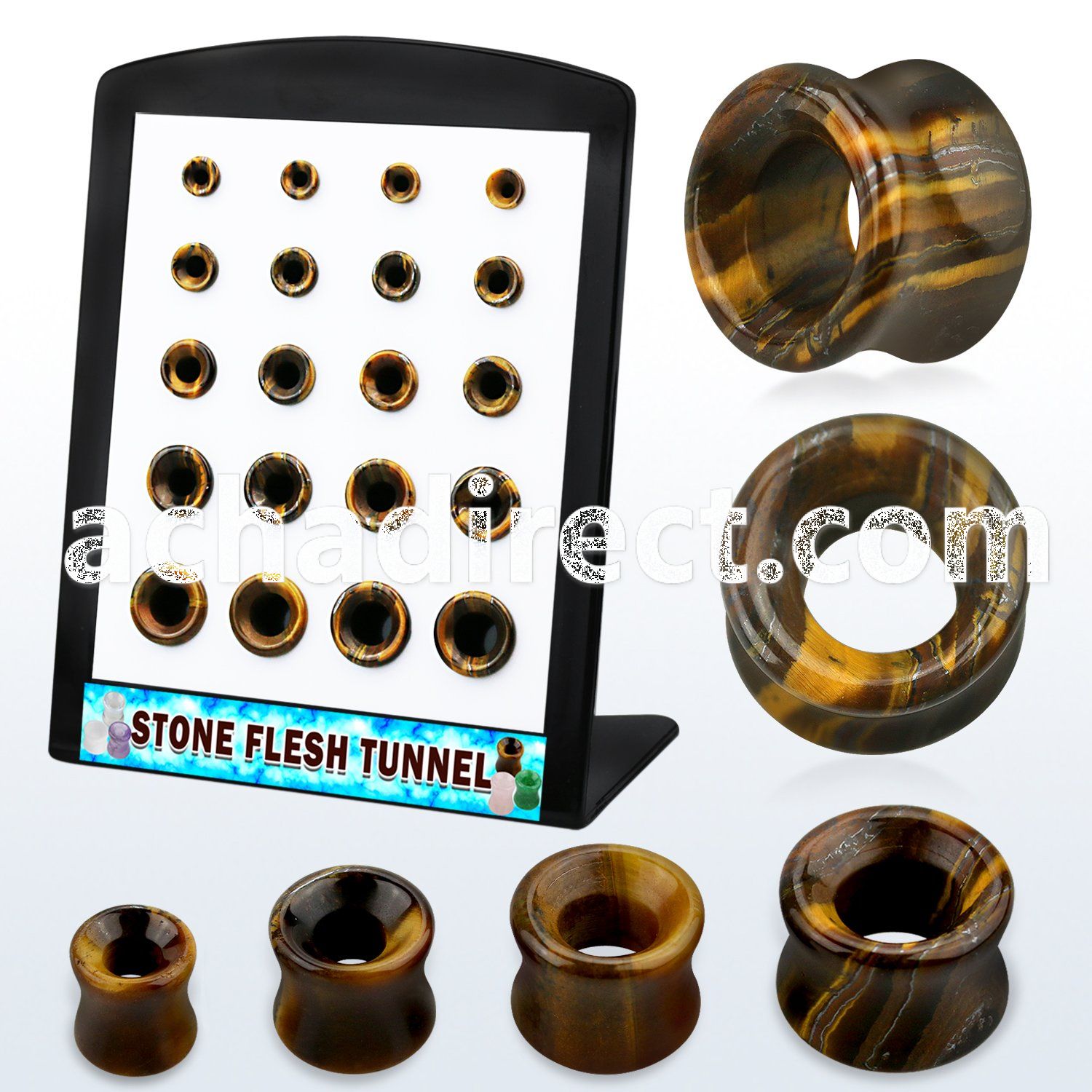 brpg190 display w of double flared tiger eye stone flesh tunnels