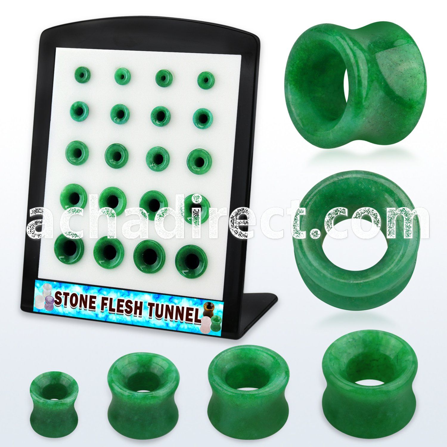 brpg191 display w of double flared green jade stone flesh tunnel