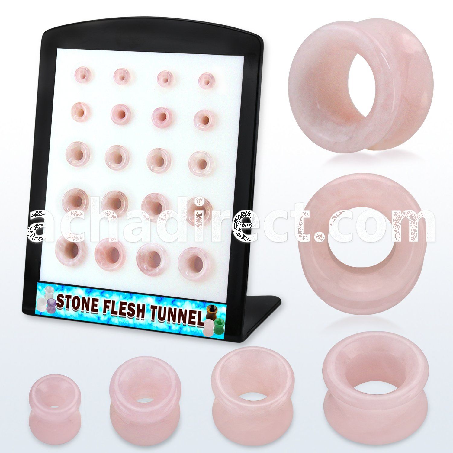 brpg193 display w of double flare rose quartz stone flesh tunnel