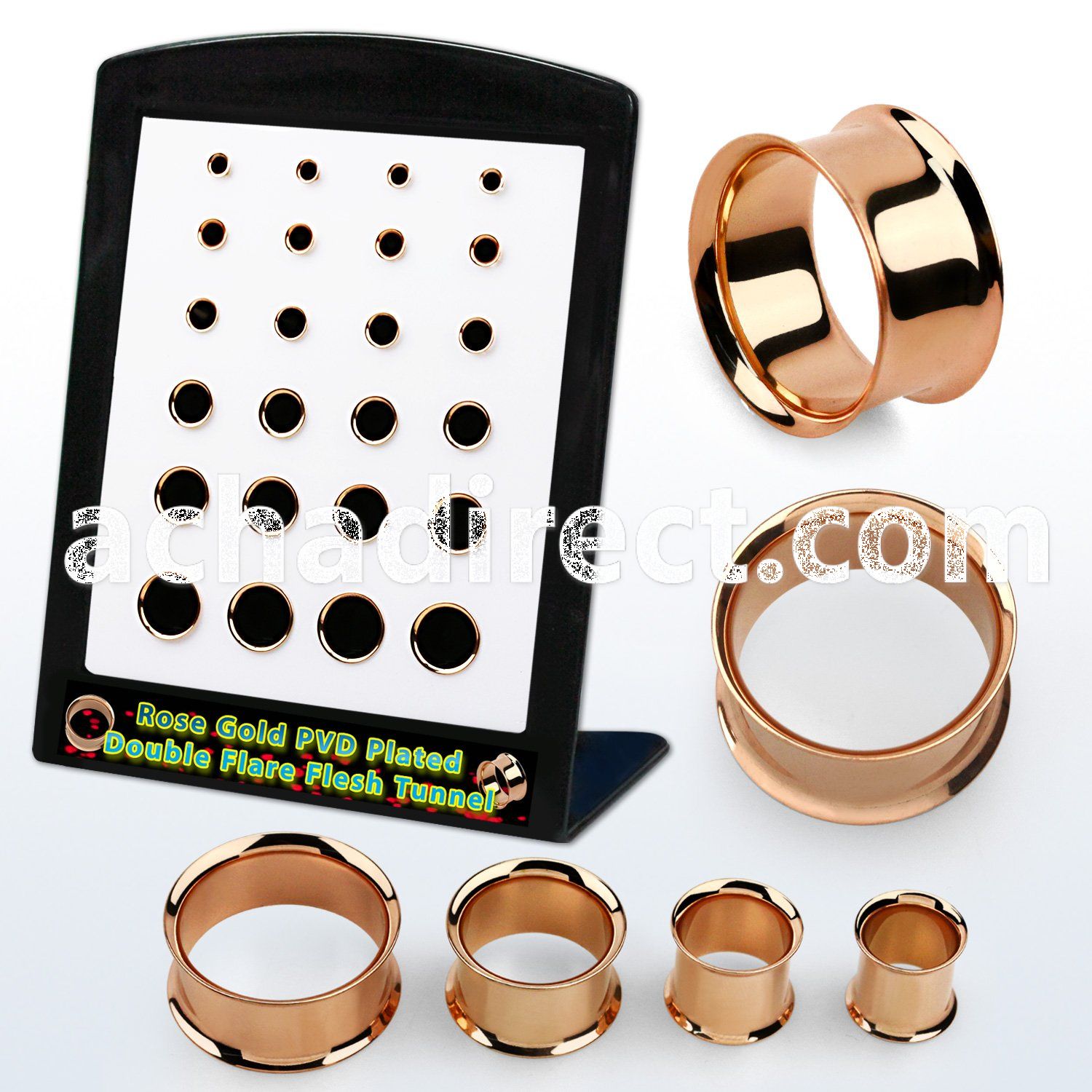 brpg196 display w rose gold pvd plated steel double flare tunnel