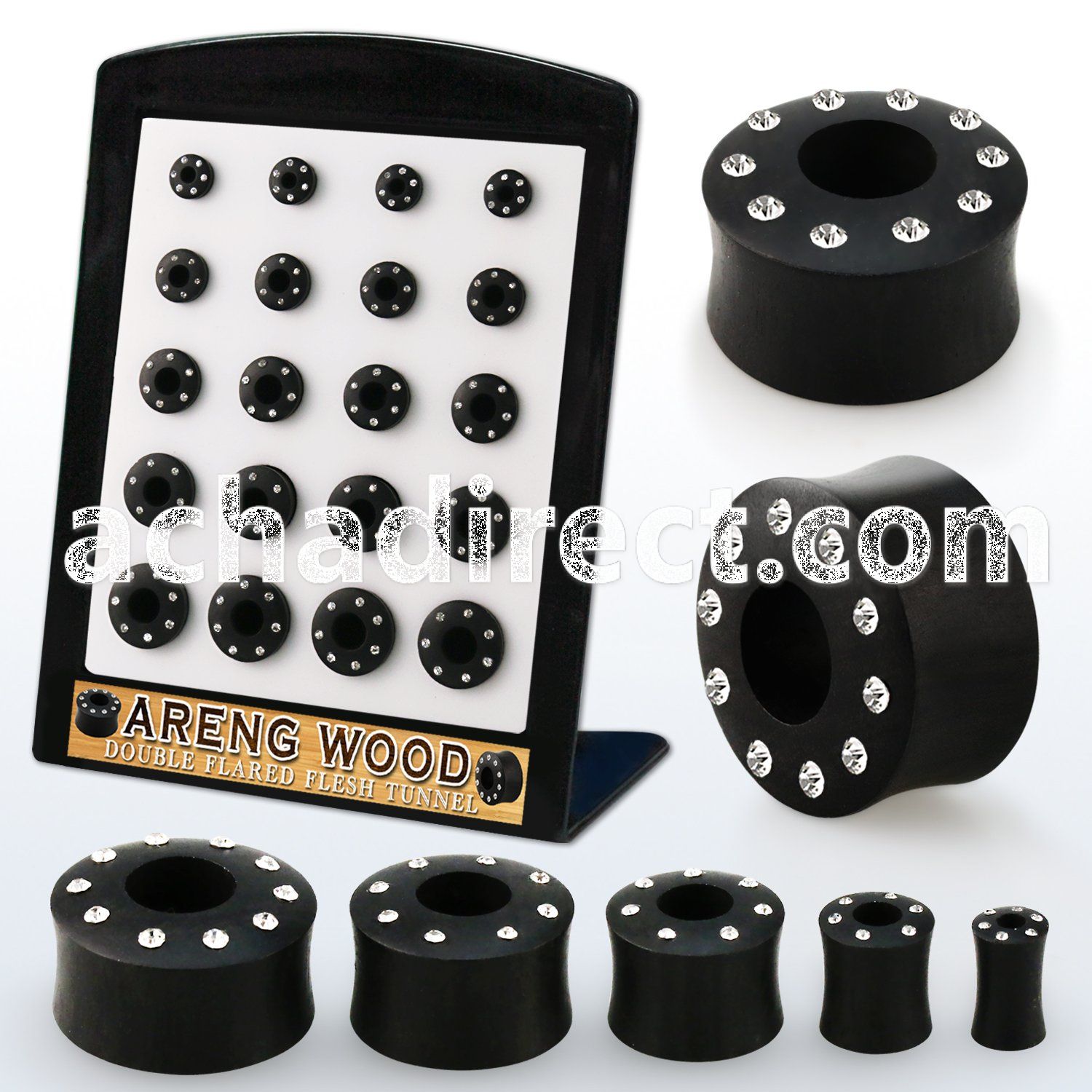 brpg206 display w areng wood double flared flesh tunnel crystal