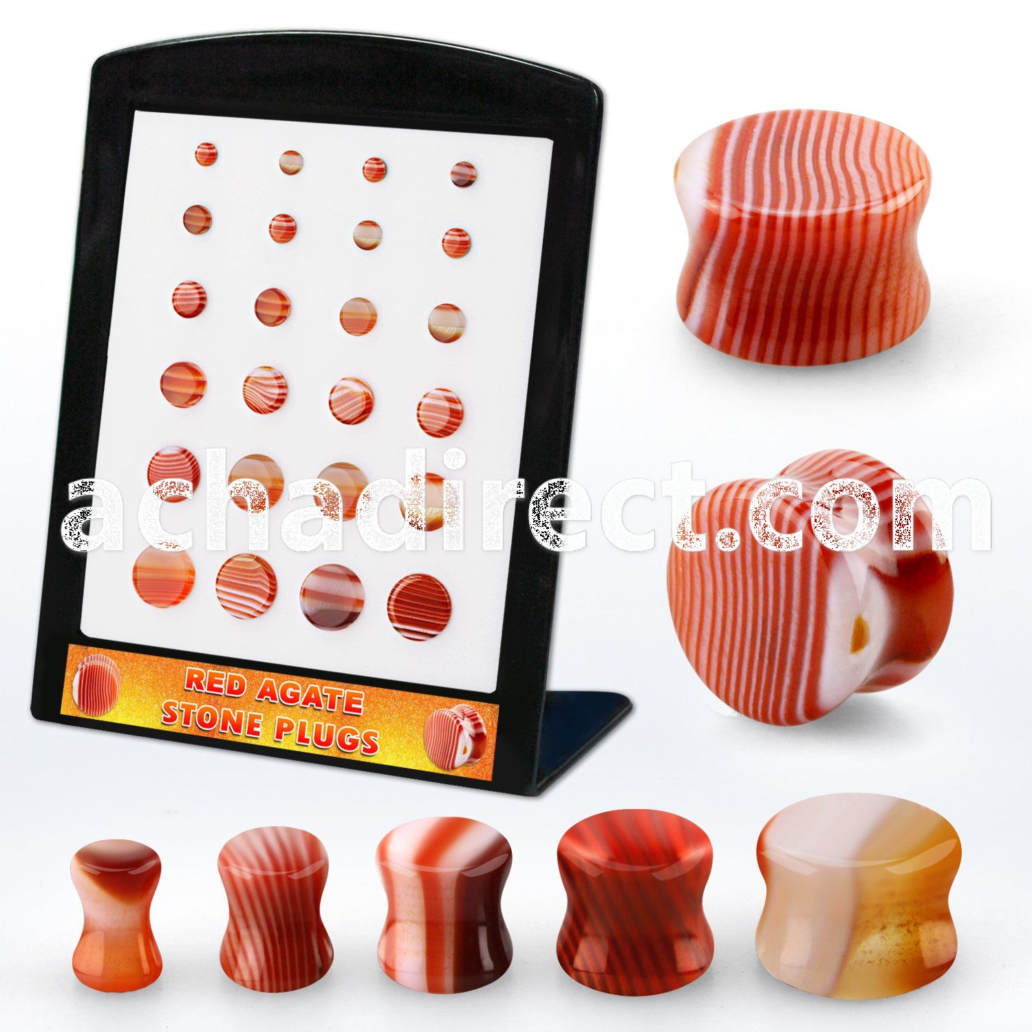 brpg216 display w 24 pcs. of red agate double flared stone plug